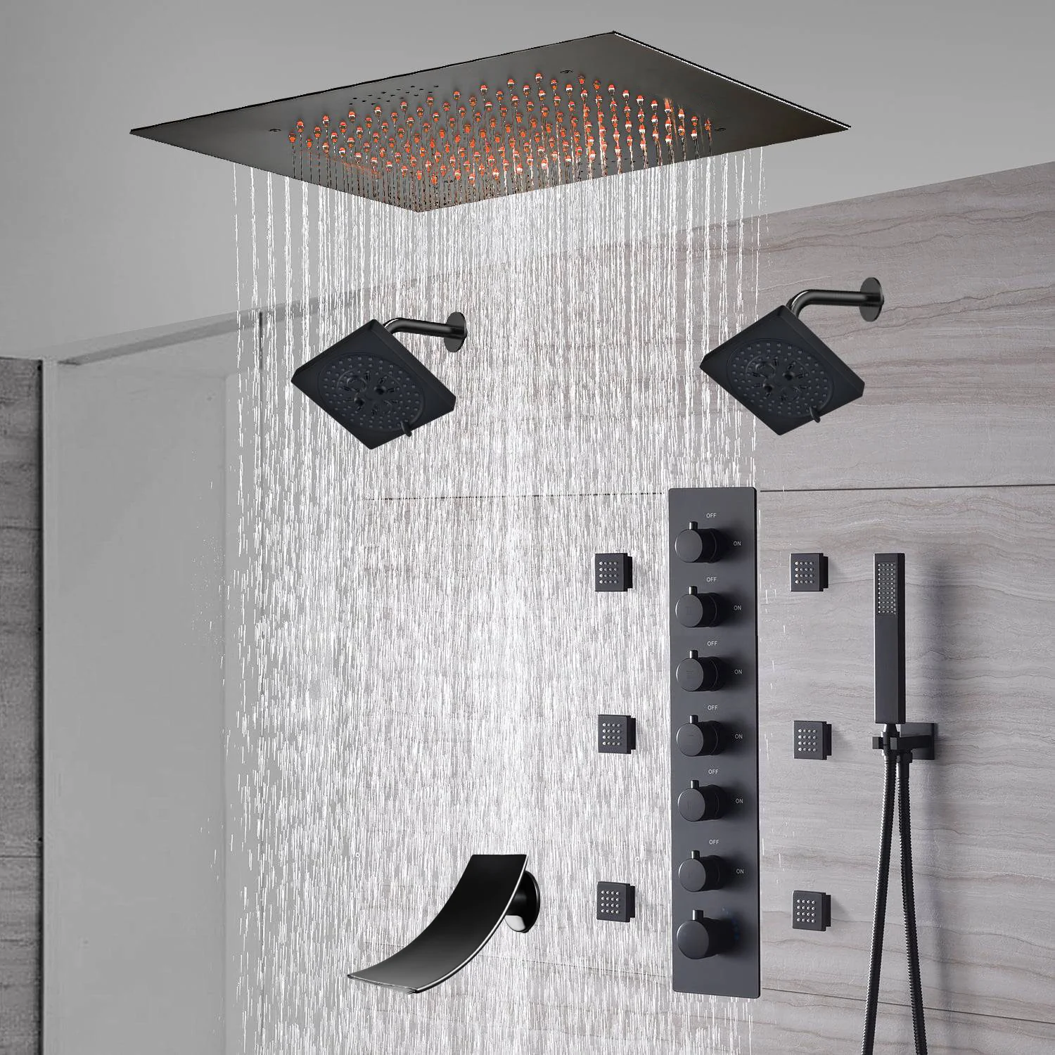20-Inch Matte Black Flush Mount Rainfall Shower System: Complete with 6-Way Thermostatic Valve and 6 Body Jets and Dual Regular Heads and Tub Spout - Image 6