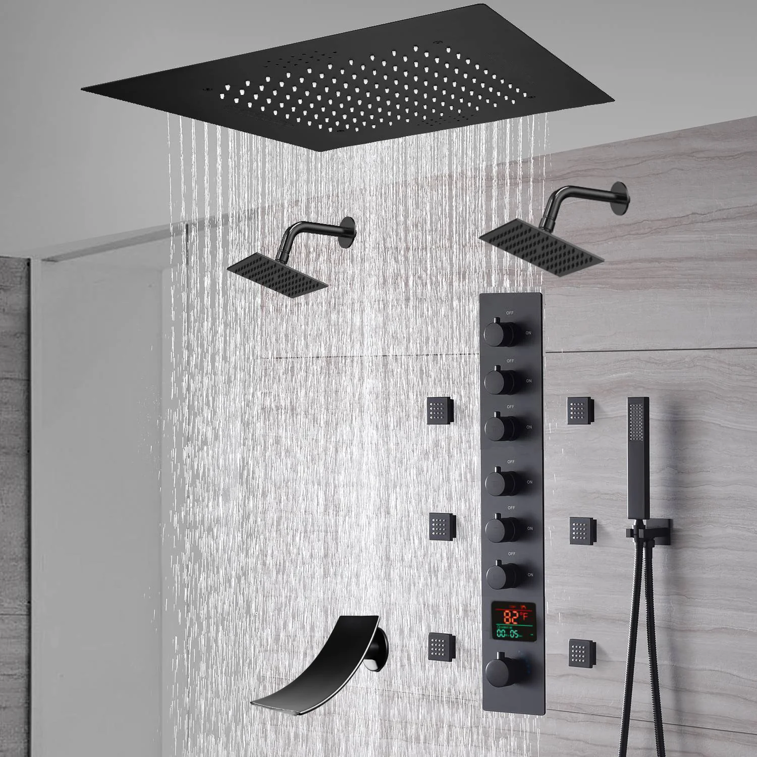 20-Inch Matte Black Flush Mount Rainfall Shower System: Complete with 6-Way Thermostatic Valve and 6 Body Jets and Dual Regular Heads and Tub Spout - Image 7