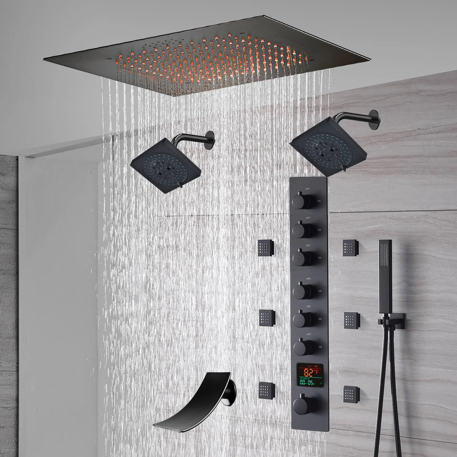20-Inch Matte Black Flush Mount Rainfall Shower System: Complete with 6-Way Thermostatic Valve and 6 Body Jets and Dual Regular Heads and Tub Spout - Image 8
