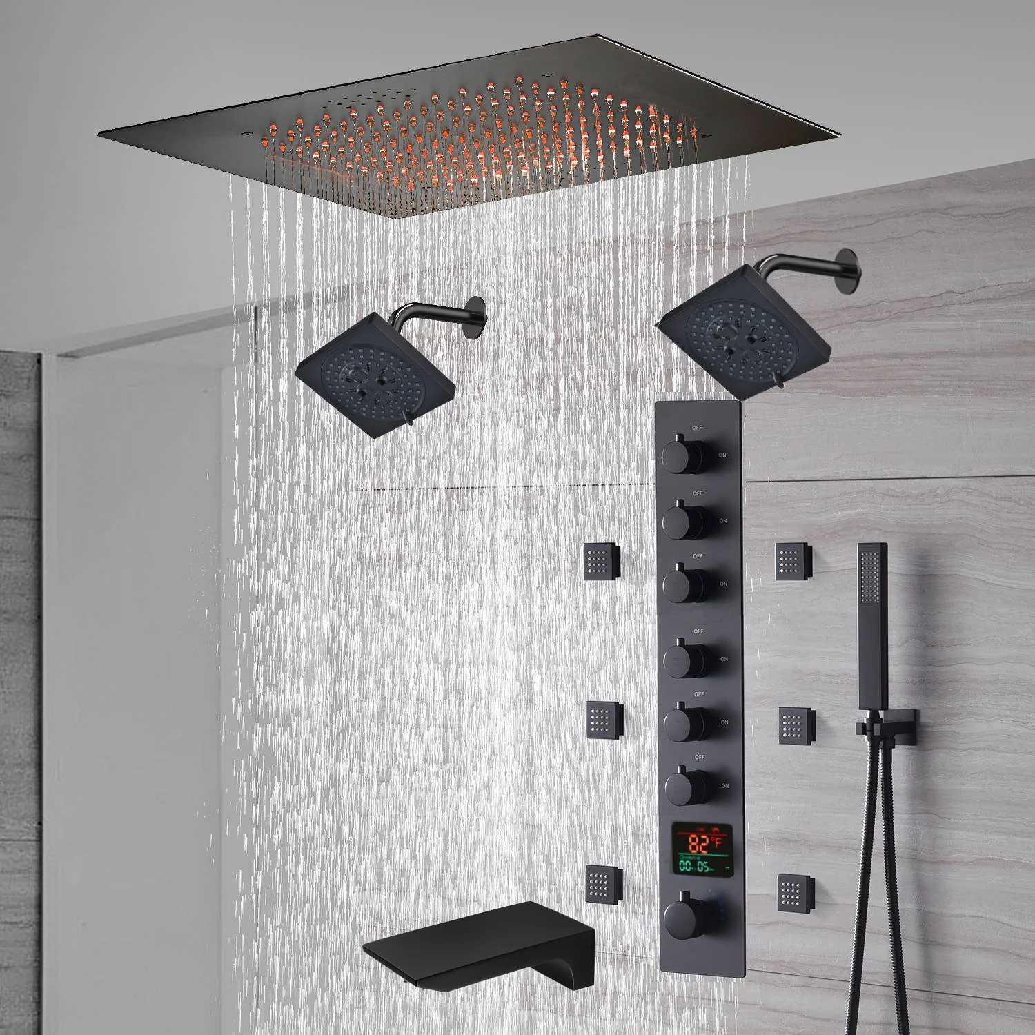 20-Inch Matte Black Flush Mount Rainfall Shower System: Complete with 6-Way Thermostatic Valve and 6 Body Jets and Dual Regular Heads and Tub Spout - Image 9