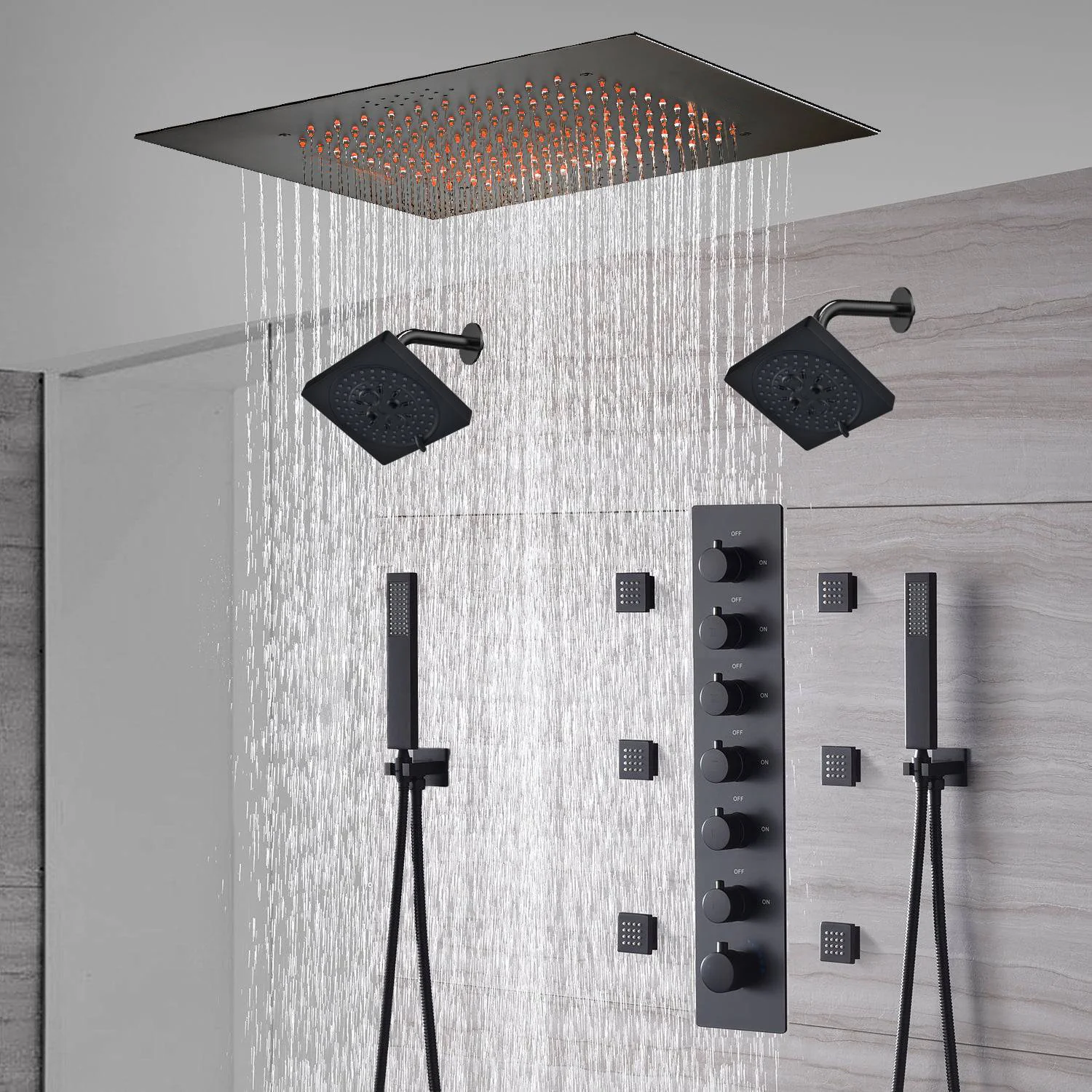 20-Inch or 24-Inch Matte Black Flush Mount Rainfall Shower System: Complete with 6-Way Thermostatic Valve and 6 Body Jets and Dual Regular Heads - Image 2