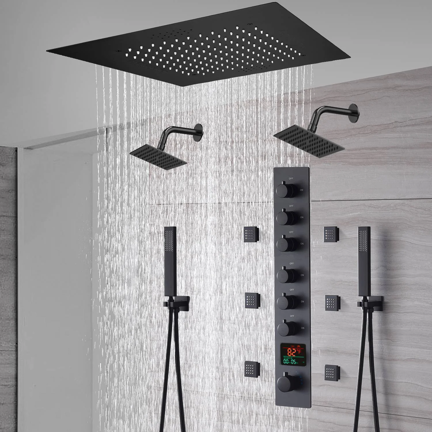20-Inch or 24-Inch Matte Black Flush Mount Rainfall Shower System: Complete with 6-Way Thermostatic Valve and 6 Body Jets and Dual Regular Heads - Image 3