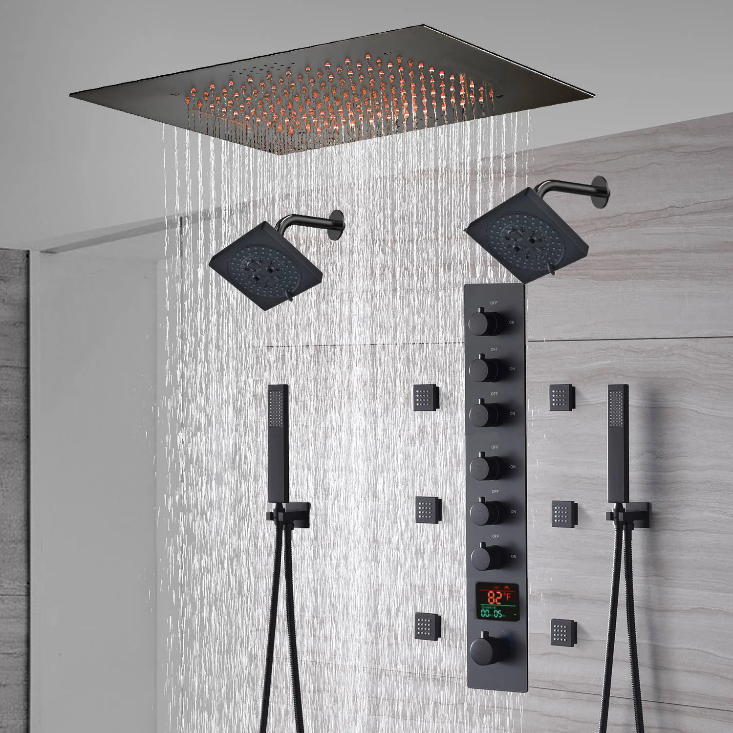 20-Inch or 24-Inch Matte Black Flush Mount Rainfall Shower System: Complete with 6-Way Thermostatic Valve and 6 Body Jets and Dual Regular Heads - Image 4