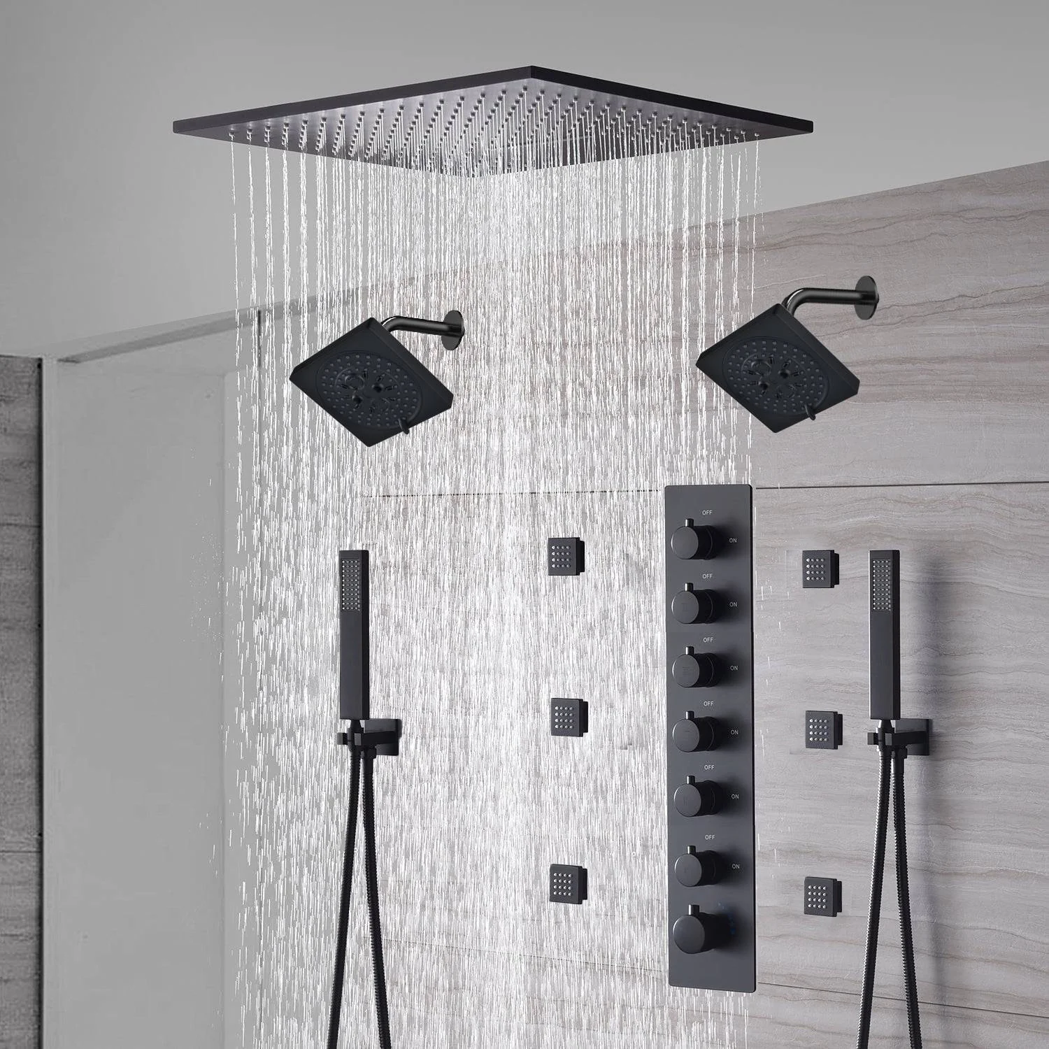 20-Inch or 24-Inch Matte Black Flush Mount Rainfall Shower System: Complete with 6-Way Thermostatic Valve and 6 Body Jets and Dual Regular Heads - Image 6