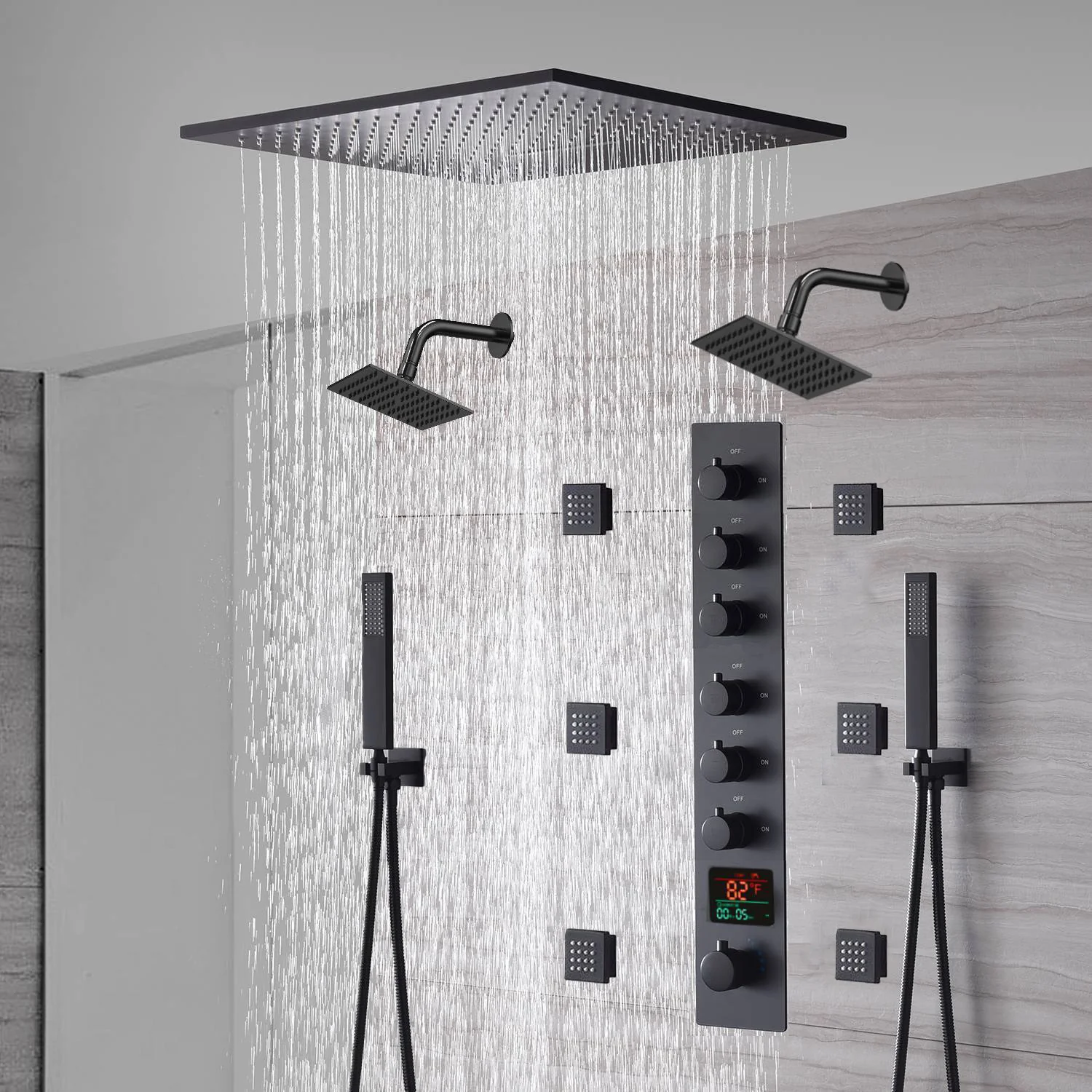 20-Inch or 24-Inch Matte Black Flush Mount Rainfall Shower System: Complete with 6-Way Thermostatic Valve and 6 Body Jets and Dual Regular Heads - Image 7