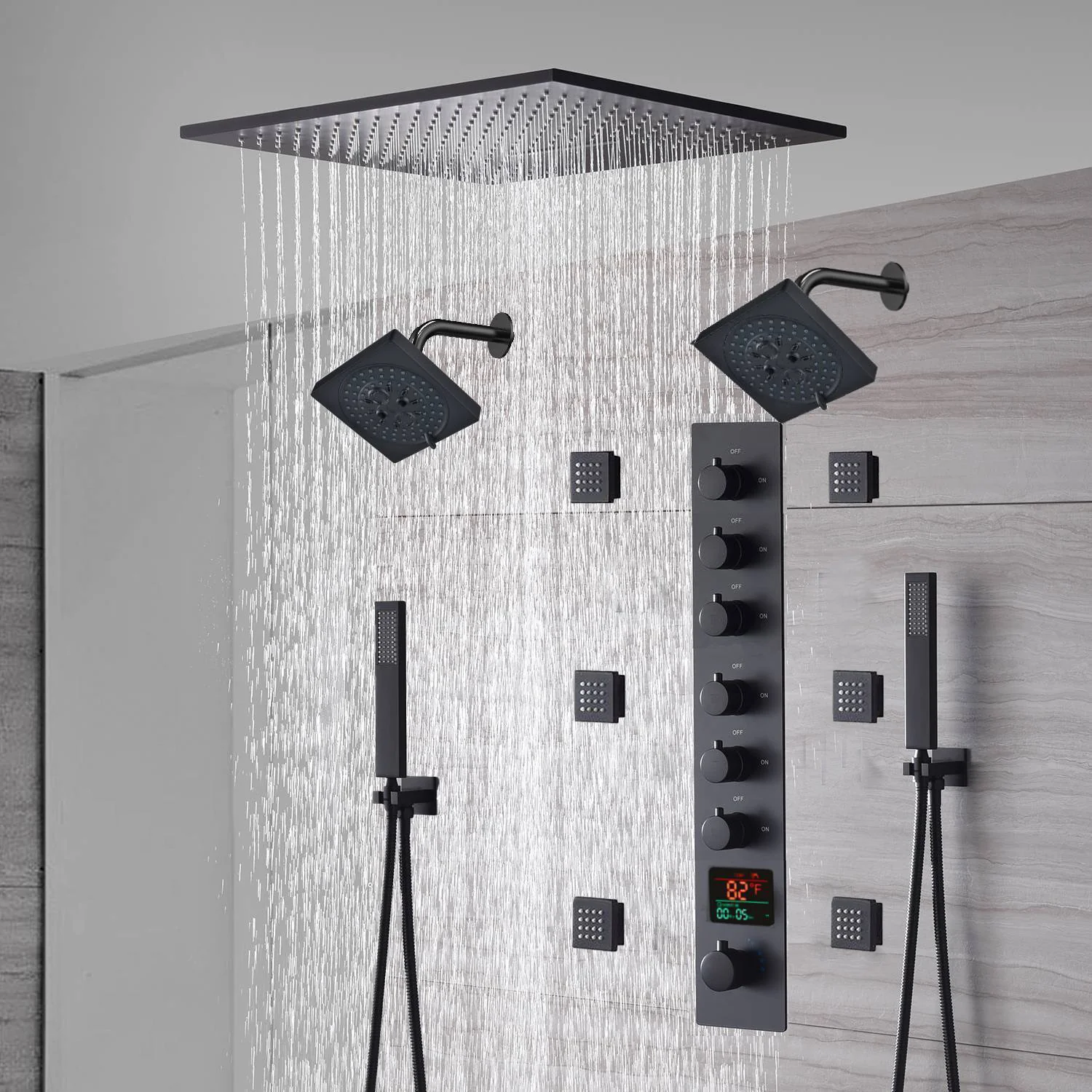20-Inch or 24-Inch Matte Black Flush Mount Rainfall Shower System: Complete with 6-Way Thermostatic Valve and 6 Body Jets and Dual Regular Heads - Image 8