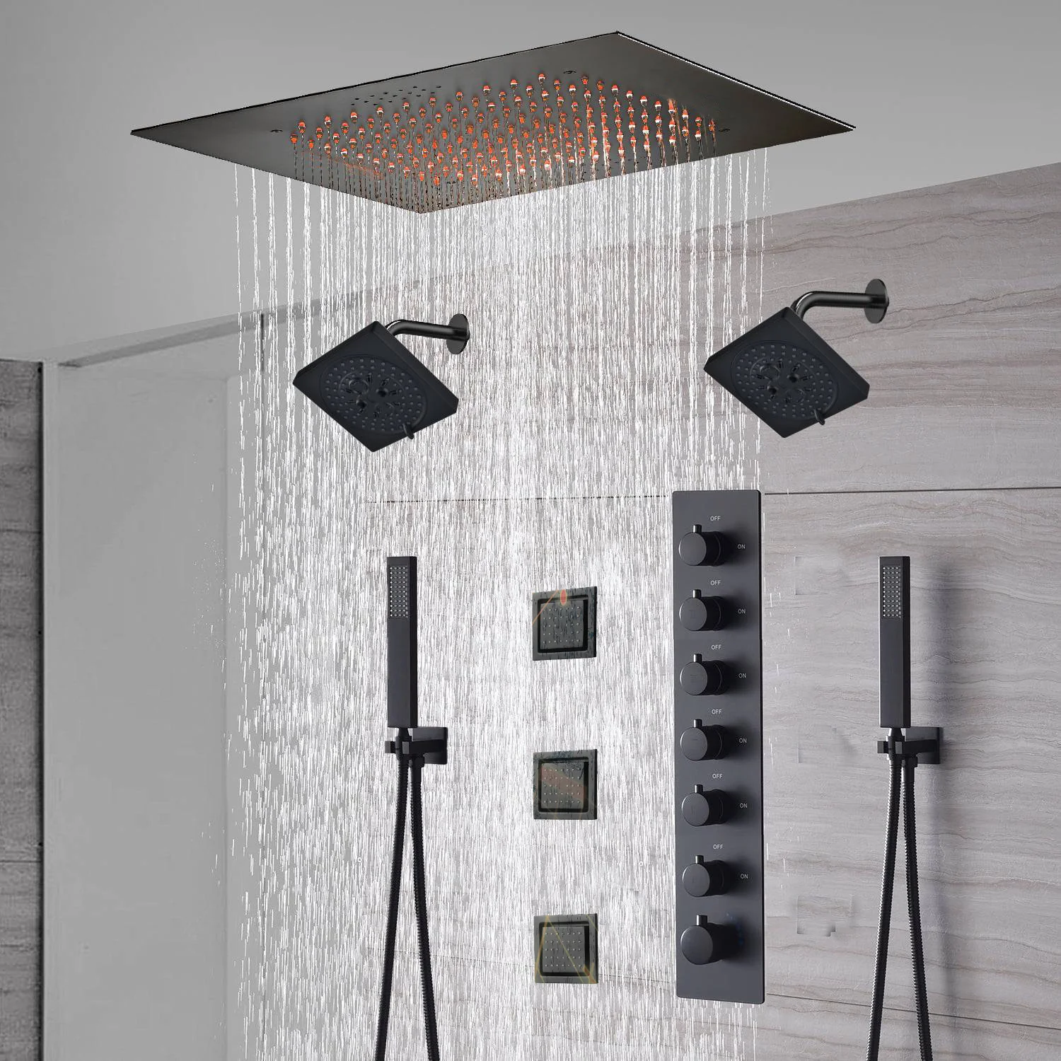 20-Inch or 24-Inch Matte Black Flush Mount Rainfall Shower System: Complete with 6-Way Thermostatic Valve and 3 Body Jets and Dual Regular Heads - Image 2