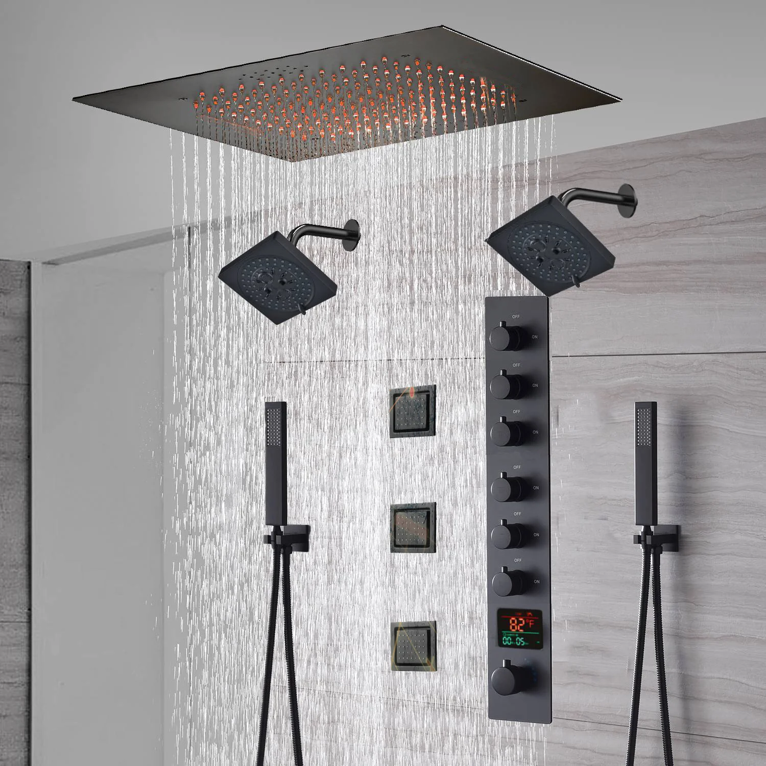 20-Inch or 24-Inch Matte Black Flush Mount Rainfall Shower System: Complete with 6-Way Thermostatic Valve and 3 Body Jets and Dual Regular Heads - Image 3