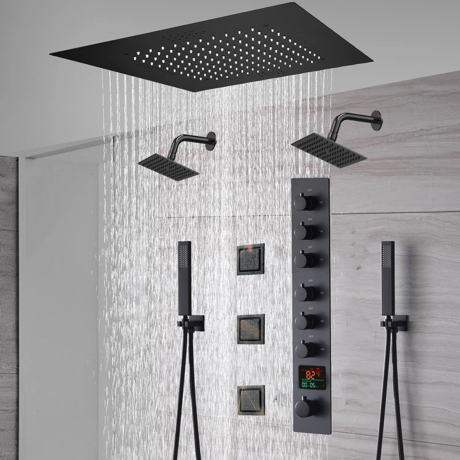 20-Inch or 24-Inch Matte Black Flush Mount Rainfall Shower System: Complete with 6-Way Thermostatic Valve and 3 Body Jets and Dual Regular Heads - Image 4