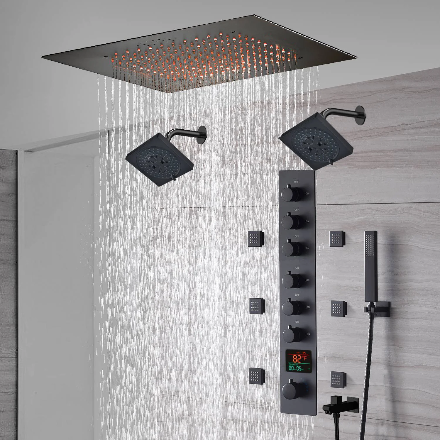 20-Inch or 24-Inch Matte Black Flush Mount Rainfall Shower System: Complete with 6-Way Thermostatic Valve and 6 Body Jets and Dual Regular Heads and Tub Spout - Image 2