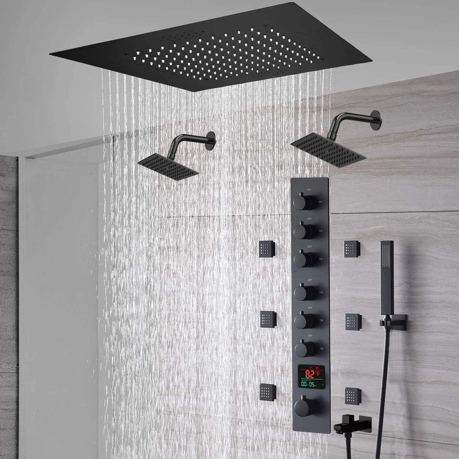 20-Inch or 24-Inch Matte Black Flush Mount Rainfall Shower System: Complete with 6-Way Thermostatic Valve and 6 Body Jets and Dual Regular Heads and Tub Spout - Image 3