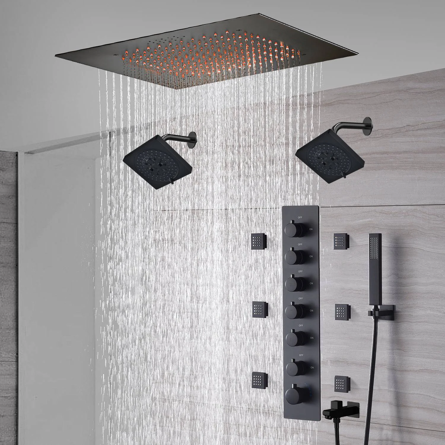 20-Inch or 24-Inch Matte Black Flush Mount Rainfall Shower System: Complete with 6-Way Thermostatic Valve and 6 Body Jets and Dual Regular Heads and Tub Spout - Image 4