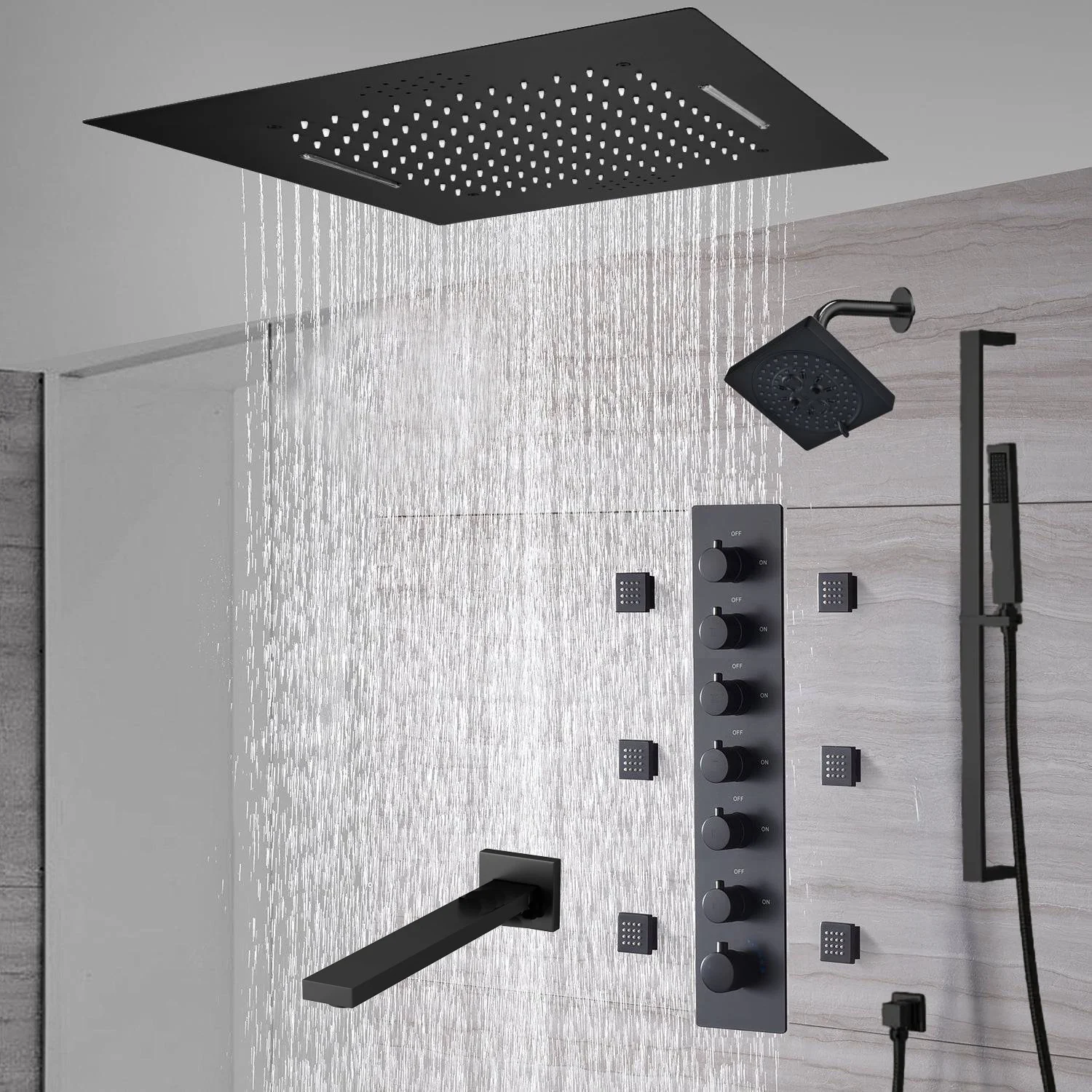20-Inch or 24-Inch Matte Black Flush Mount Rainfall Waterfall Shower System: Complete with 6-Way Thermostatic Valve and 6 Body Jets,Sliding Bar,Regular Head and Tub Spout - Image 10
