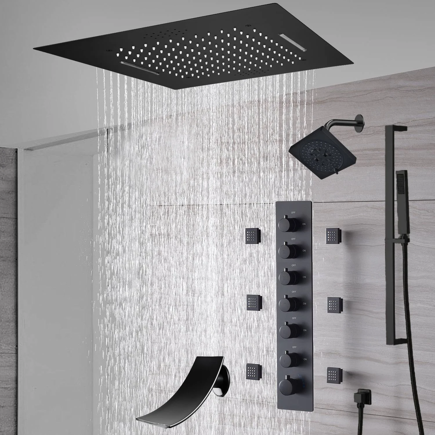 20-Inch or 24-Inch Matte Black Flush Mount Rainfall Waterfall Shower System: Complete with 6-Way Thermostatic Valve and 6 Body Jets,Sliding Bar,Regular Head and Tub Spout - Image 11