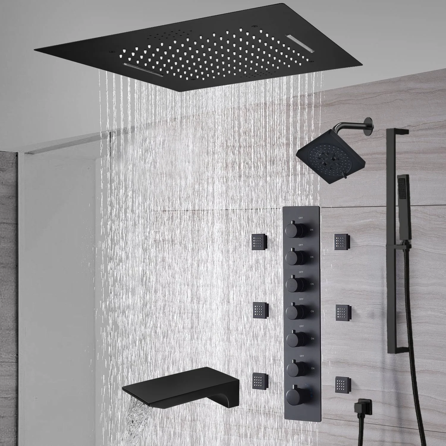 20-Inch or 24-Inch Matte Black Flush Mount Rainfall Waterfall Shower System: Complete with 6-Way Thermostatic Valve and 6 Body Jets,Sliding Bar,Regular Head and Tub Spout - Image 12