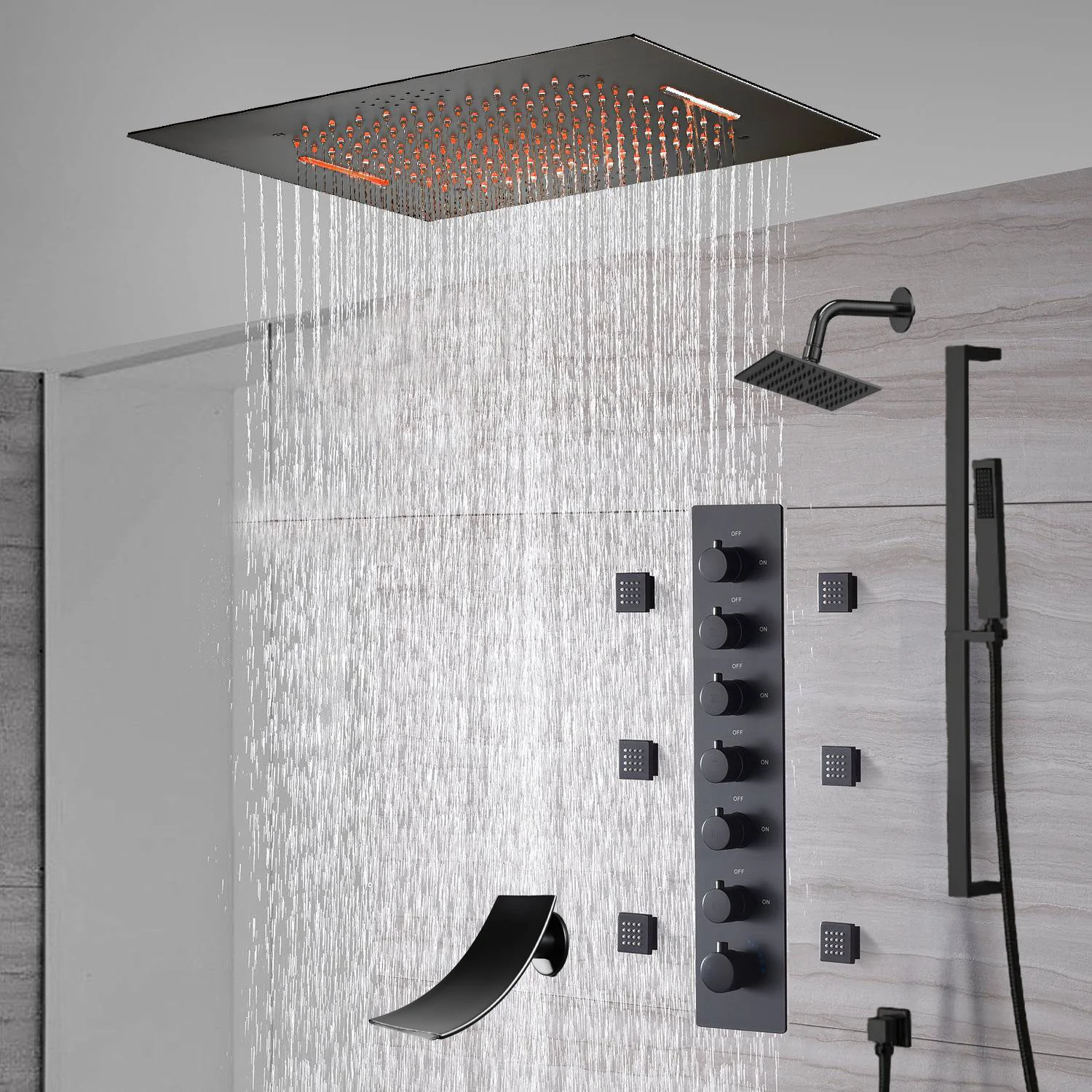 20-Inch or 24-Inch Matte Black Flush Mount Rainfall Waterfall Shower System: Complete with 6-Way Thermostatic Valve and 6 Body Jets,Sliding Bar,Regular Head and Tub Spout - Image 2