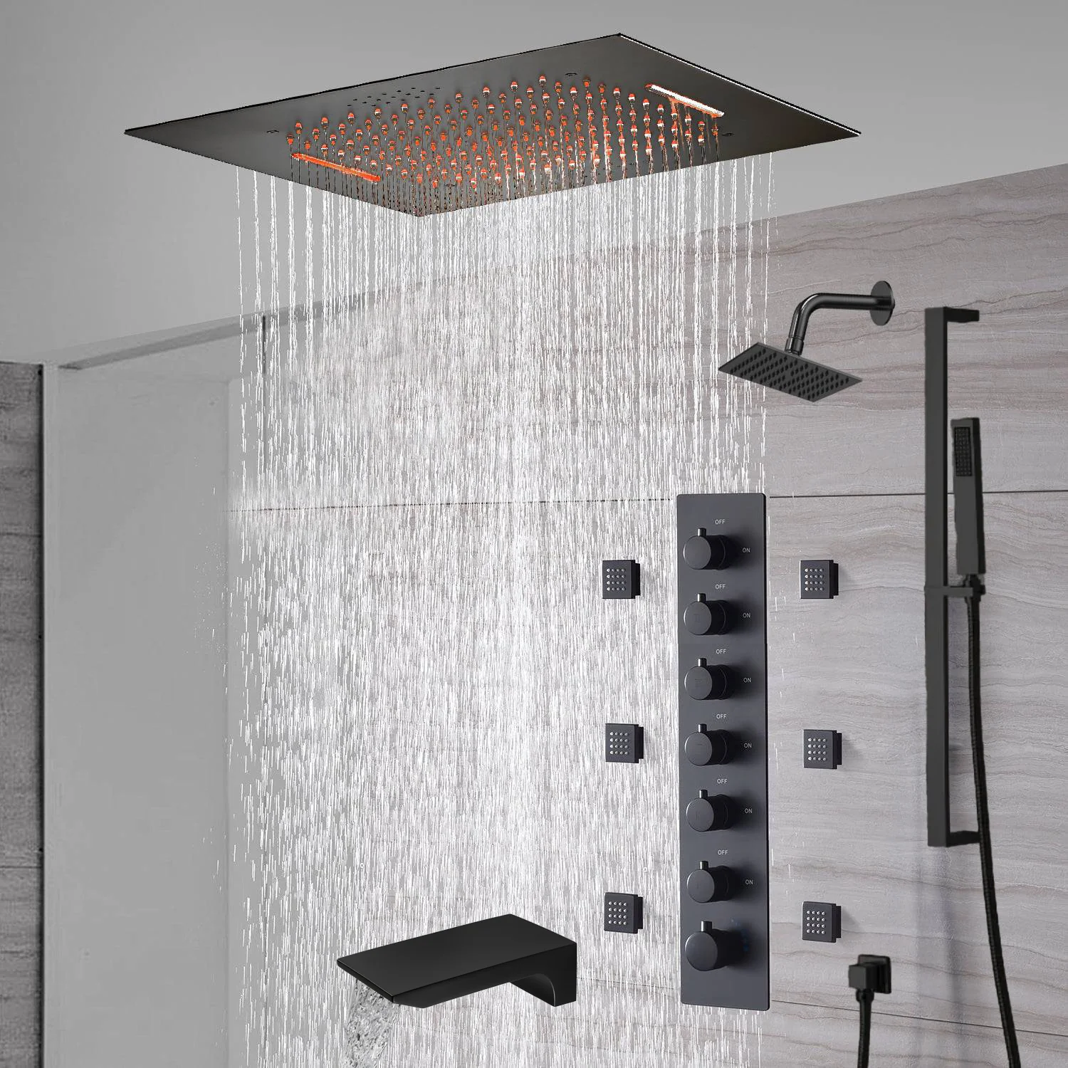 20-Inch or 24-Inch Matte Black Flush Mount Rainfall Waterfall Shower System: Complete with 6-Way Thermostatic Valve and 6 Body Jets,Sliding Bar,Regular Head and Tub Spout - Image 3