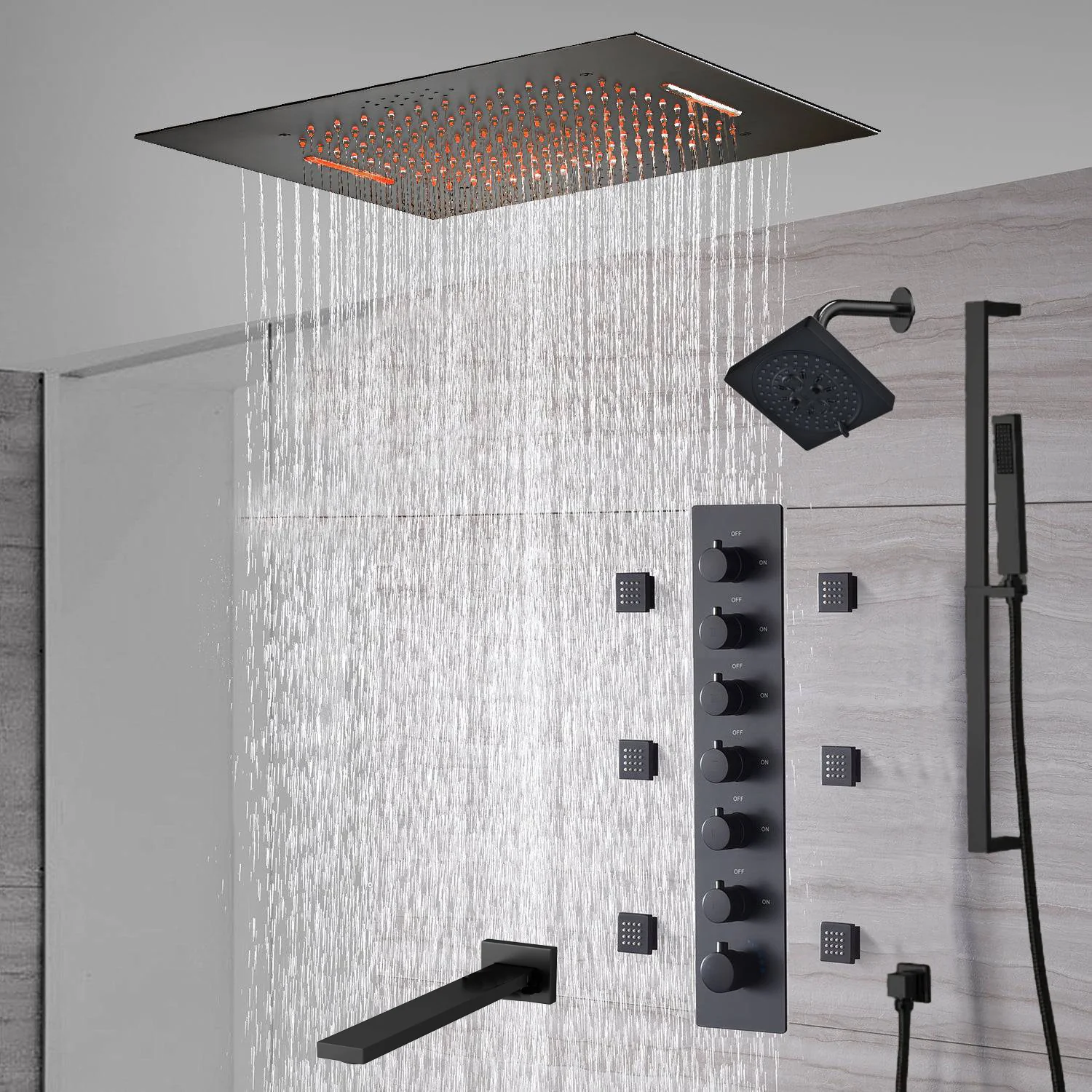 20-Inch or 24-Inch Matte Black Flush Mount Rainfall Waterfall Shower System: Complete with 6-Way Thermostatic Valve and 6 Body Jets,Sliding Bar,Regular Head and Tub Spout - Image 4
