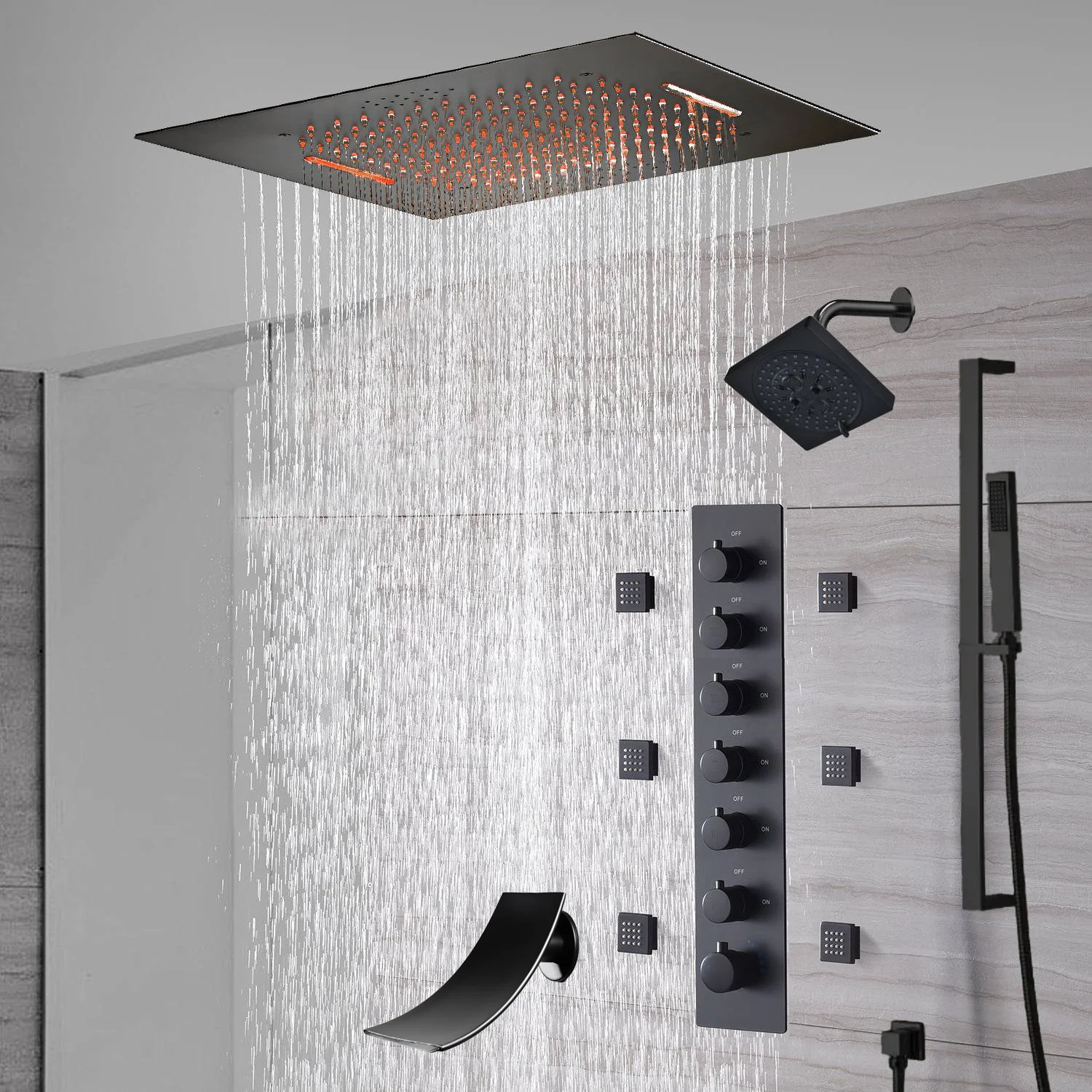 20-Inch or 24-Inch Matte Black Flush Mount Rainfall Waterfall Shower System: Complete with 6-Way Thermostatic Valve and 6 Body Jets,Sliding Bar,Regular Head and Tub Spout - Image 5