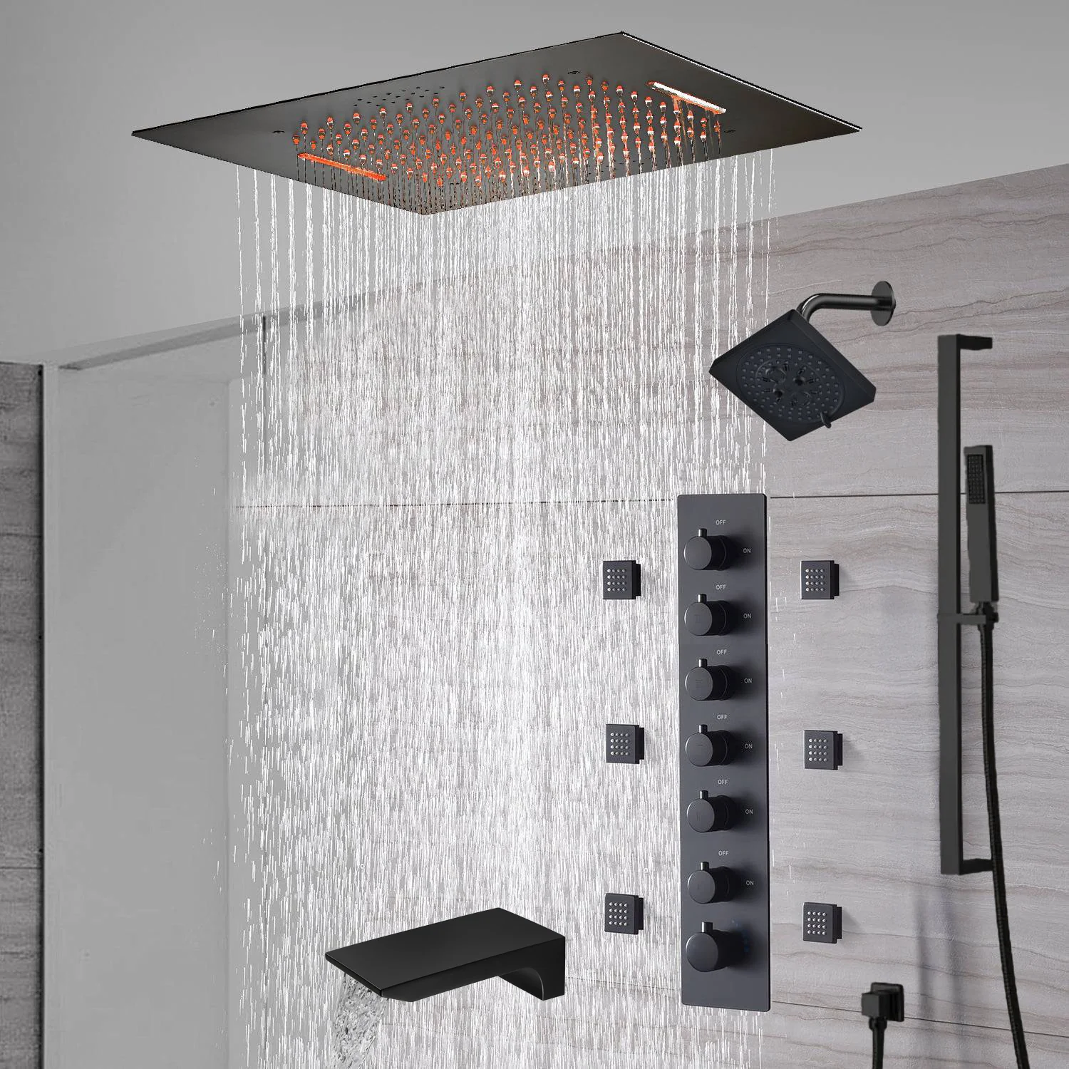 20-Inch or 24-Inch Matte Black Flush Mount Rainfall Waterfall Shower System: Complete with 6-Way Thermostatic Valve and 6 Body Jets,Sliding Bar,Regular Head and Tub Spout - Image 6