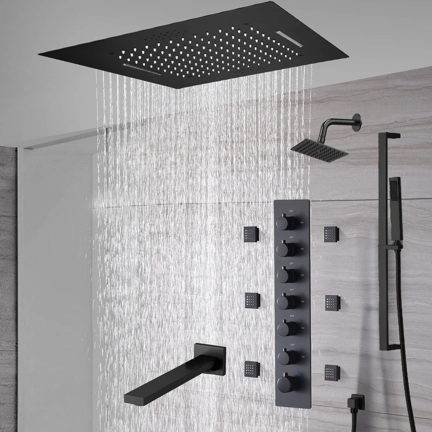20-Inch or 24-Inch Matte Black Flush Mount Rainfall Waterfall Shower System: Complete with 6-Way Thermostatic Valve and 6 Body Jets,Sliding Bar,Regular Head and Tub Spout - Image 7