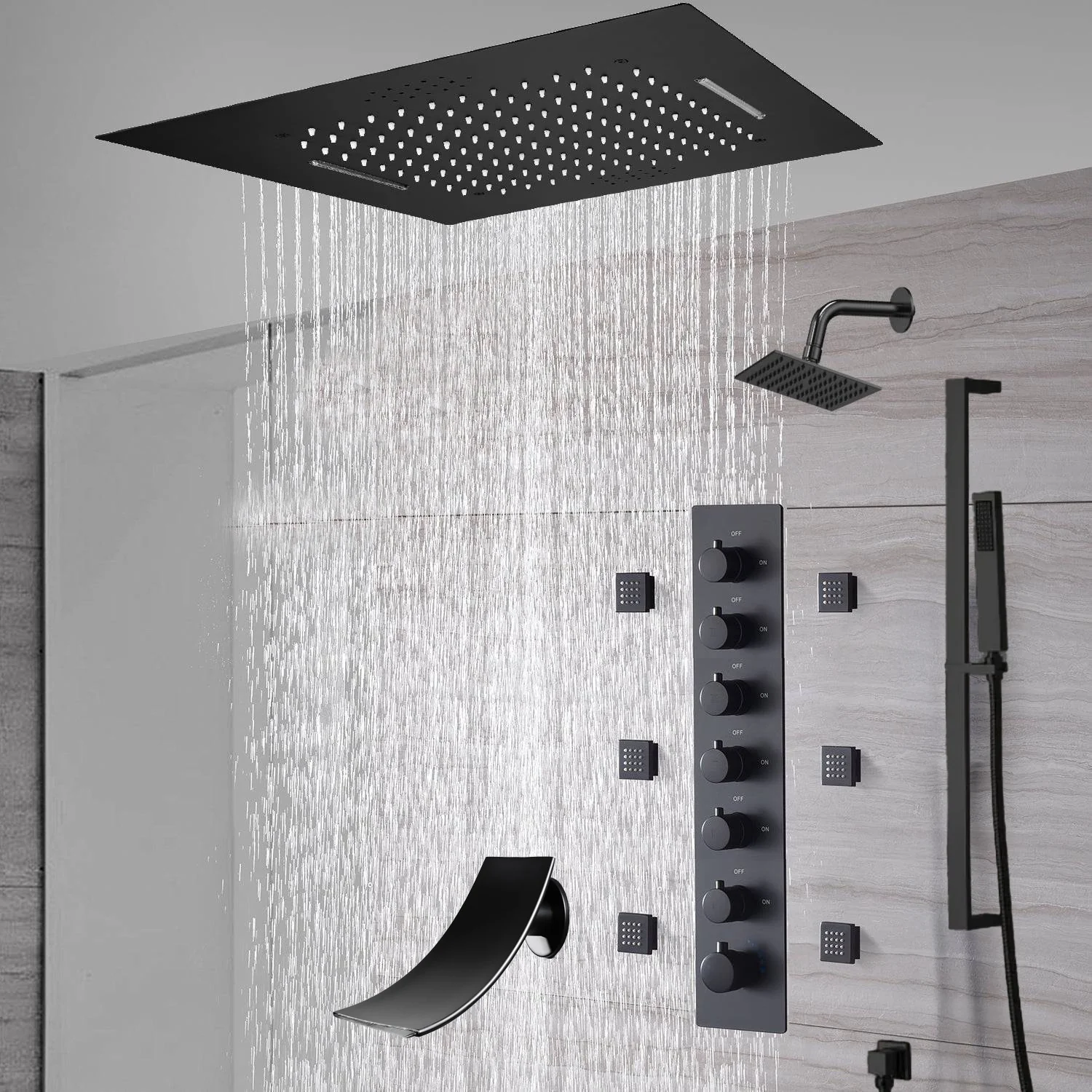 20-Inch or 24-Inch Matte Black Flush Mount Rainfall Waterfall Shower System: Complete with 6-Way Thermostatic Valve and 6 Body Jets,Sliding Bar,Regular Head and Tub Spout - Image 8