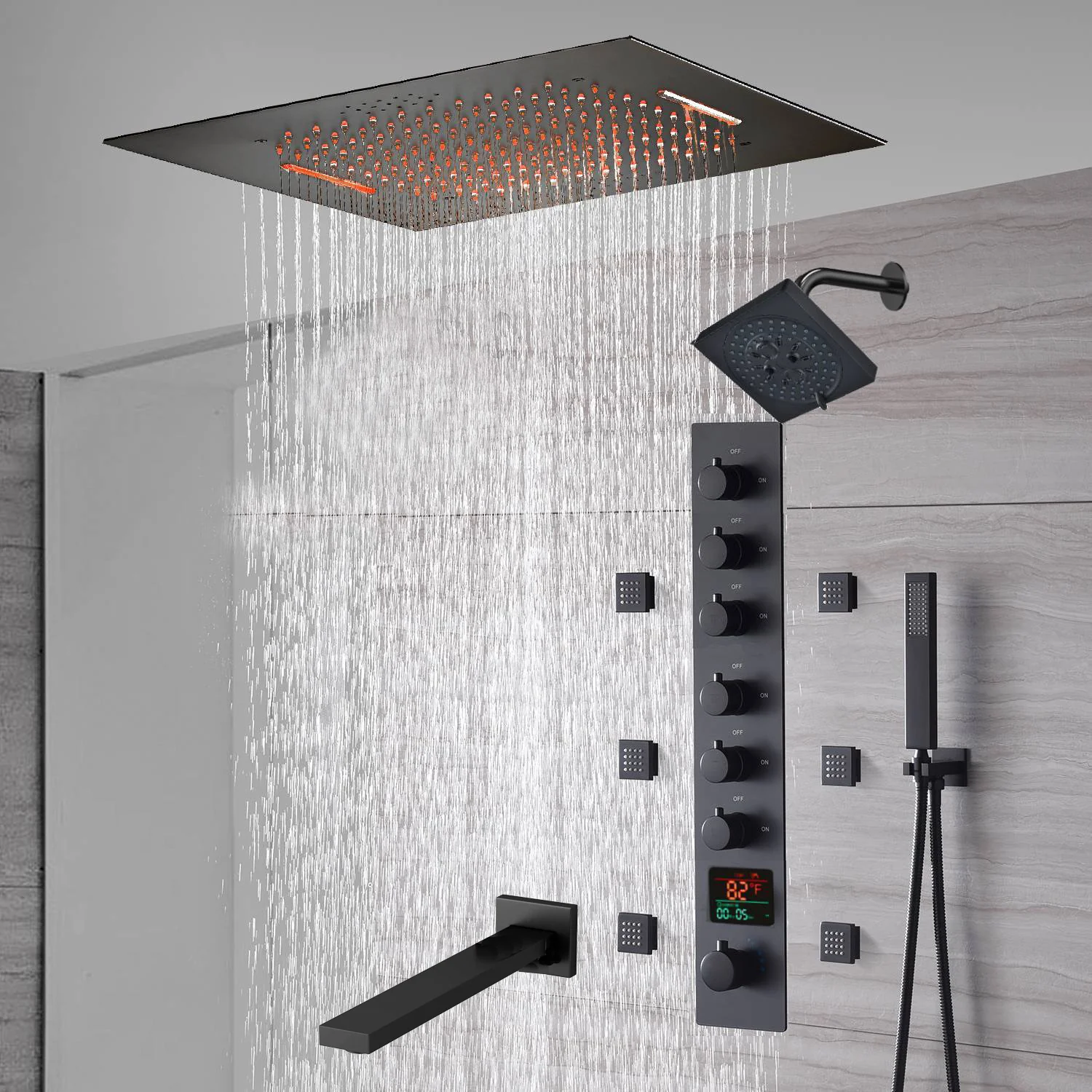 20-Inch or 24-Inch Matte Black Flush Mount Rainfall Waterfall Shower System: Complete with 6-Way Thermostatic Valve and 6 Body Jets and Regular Head and Tub Spout