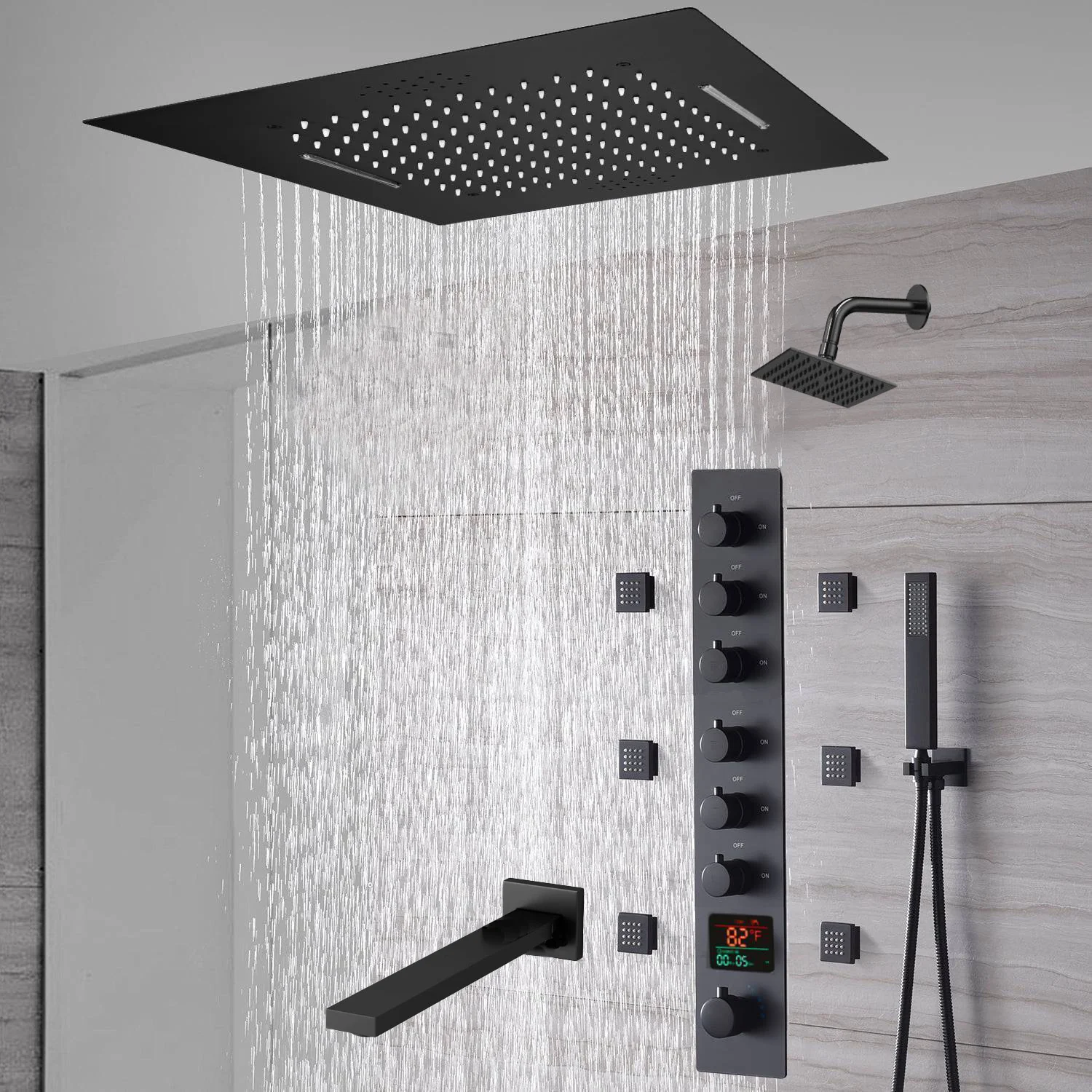 20-Inch or 24-Inch Matte Black Flush Mount Rainfall Waterfall Shower System: Complete with 6-Way Thermostatic Valve and 6 Body Jets and Regular Head and Tub Spout - Image 10