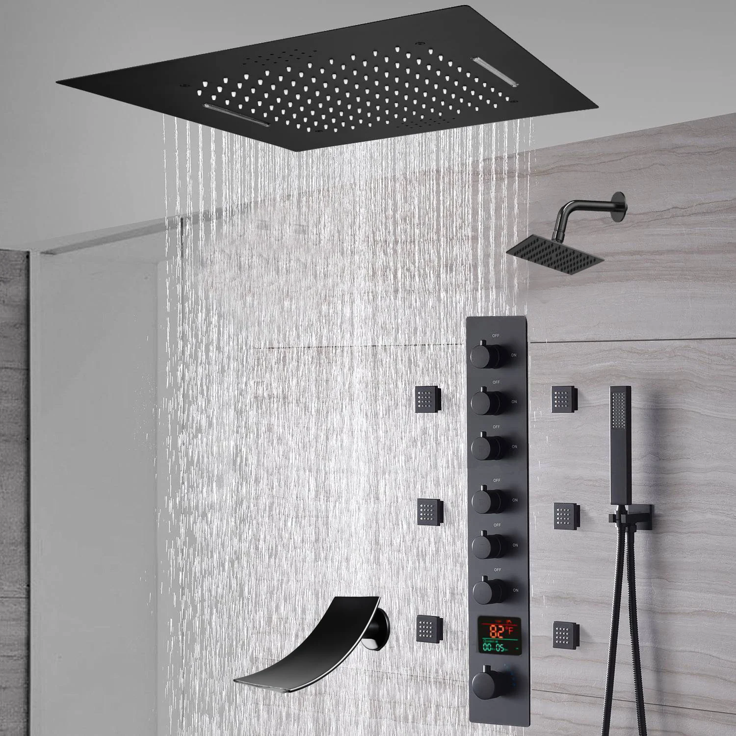 20-Inch or 24-Inch Matte Black Flush Mount Rainfall Waterfall Shower System: Complete with 6-Way Thermostatic Valve and 6 Body Jets and Regular Head and Tub Spout - Image 11