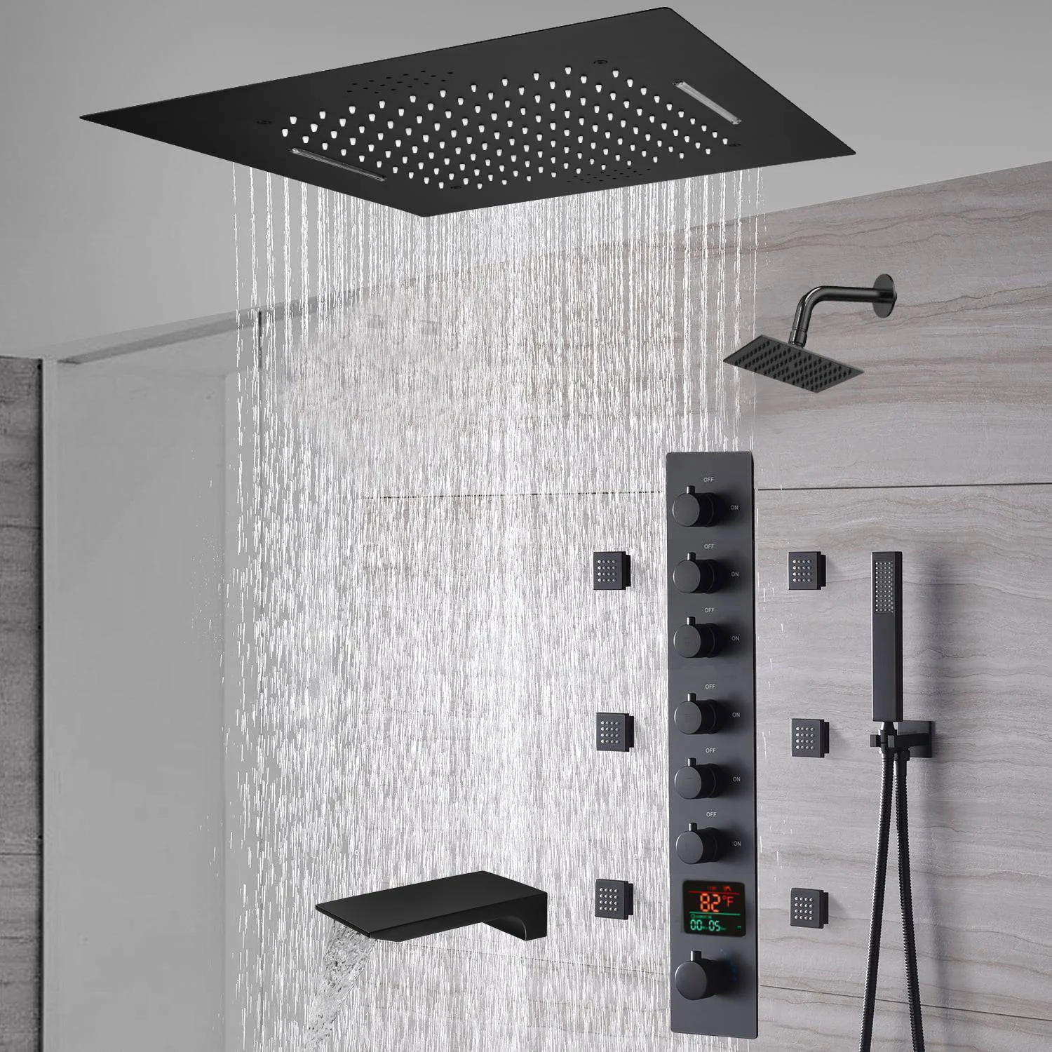 20-Inch or 24-Inch Matte Black Flush Mount Rainfall Waterfall Shower System: Complete with 6-Way Thermostatic Valve and 6 Body Jets and Regular Head and Tub Spout - Image 12