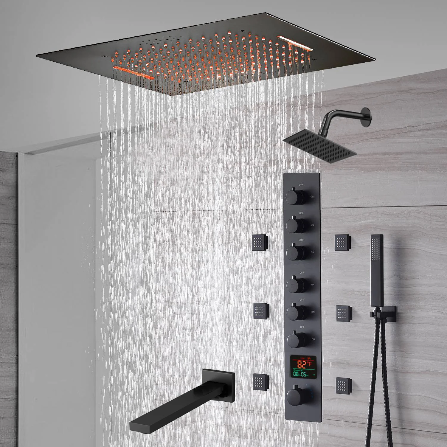 20-Inch or 24-Inch Matte Black Flush Mount Rainfall Waterfall Shower System: Complete with 6-Way Thermostatic Valve and 6 Body Jets and Regular Head and Tub Spout - Image 2
