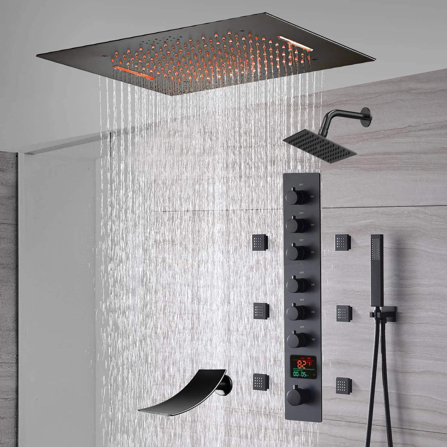 20-Inch or 24-Inch Matte Black Flush Mount Rainfall Waterfall Shower System: Complete with 6-Way Thermostatic Valve and 6 Body Jets and Regular Head and Tub Spout - Image 3