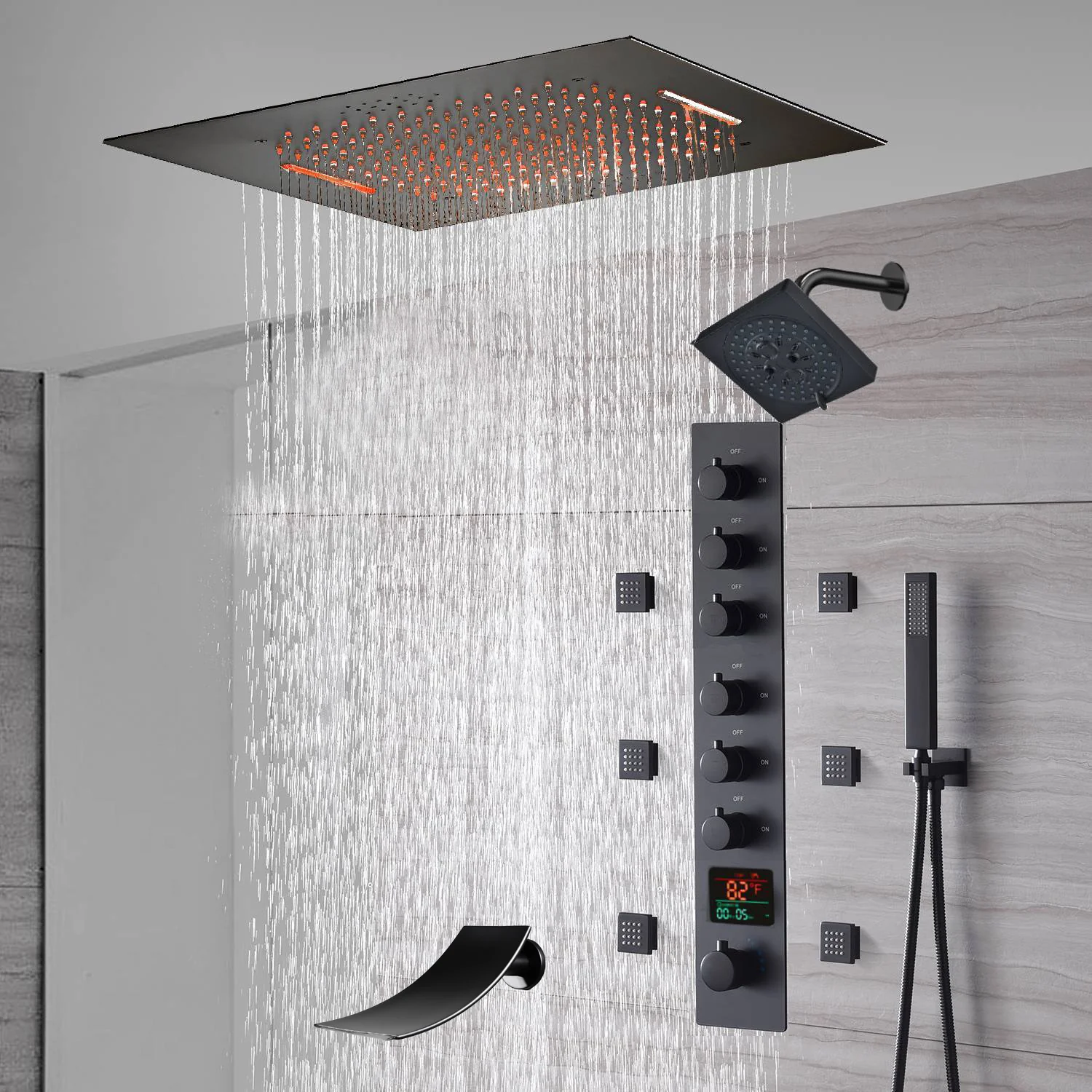 20-Inch or 24-Inch Matte Black Flush Mount Rainfall Waterfall Shower System: Complete with 6-Way Thermostatic Valve and 6 Body Jets and Regular Head and Tub Spout - Image 4
