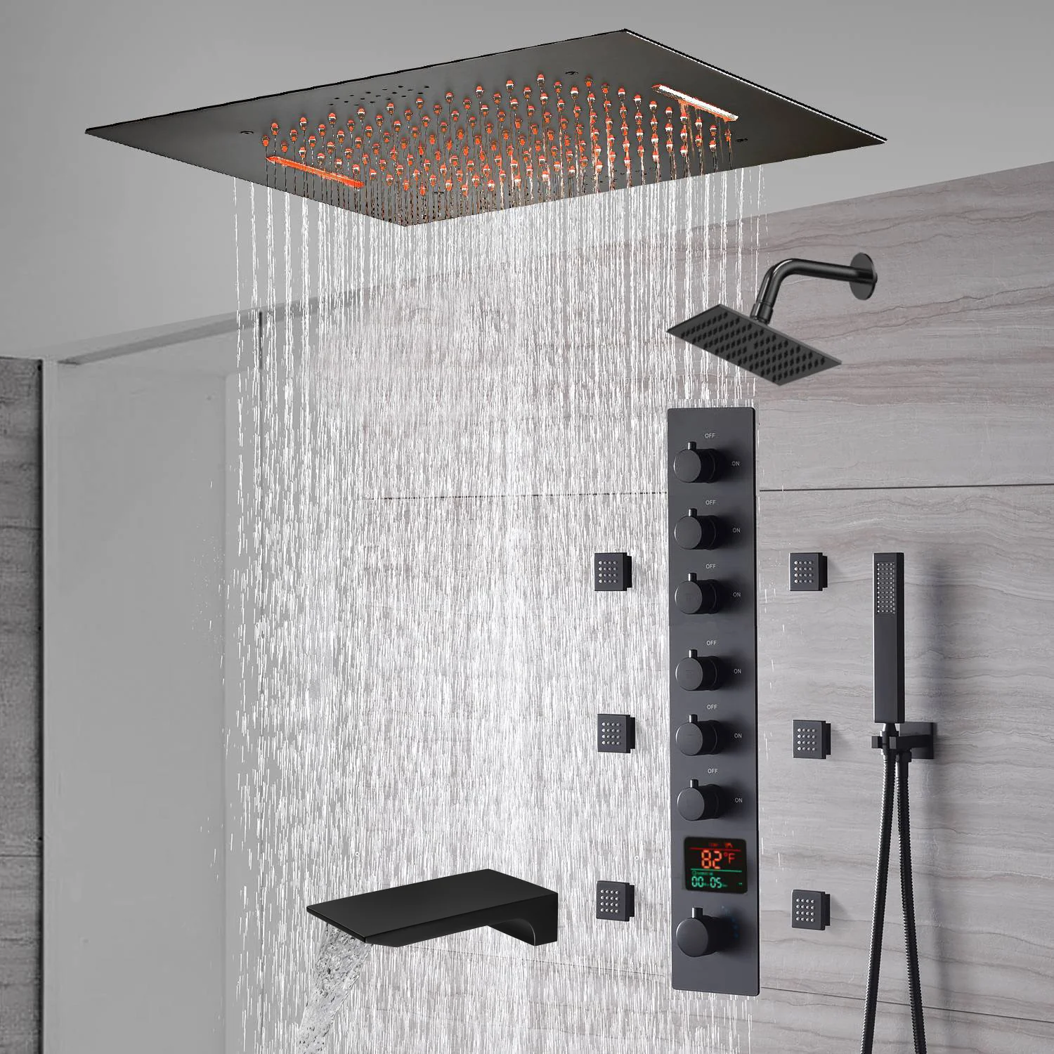 20-Inch or 24-Inch Matte Black Flush Mount Rainfall Waterfall Shower System: Complete with 6-Way Thermostatic Valve and 6 Body Jets and Regular Head and Tub Spout - Image 5