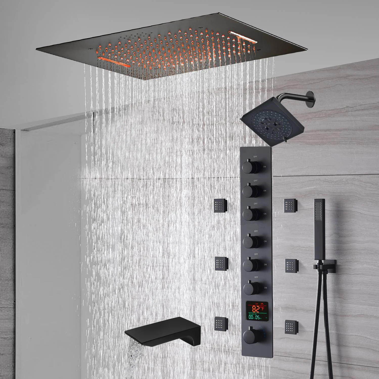 20-Inch or 24-Inch Matte Black Flush Mount Rainfall Waterfall Shower System: Complete with 6-Way Thermostatic Valve and 6 Body Jets and Regular Head and Tub Spout - Image 6