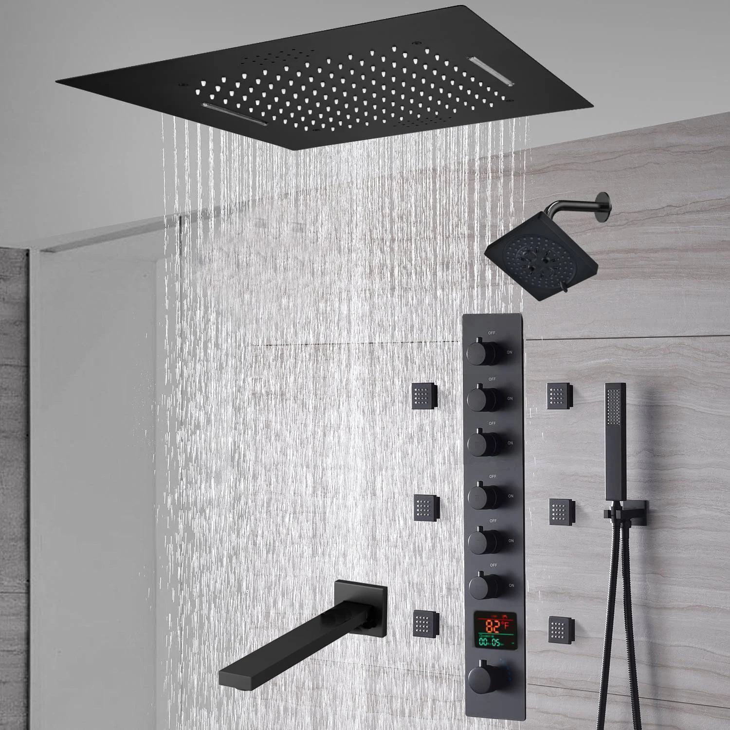 20-Inch or 24-Inch Matte Black Flush Mount Rainfall Waterfall Shower System: Complete with 6-Way Thermostatic Valve and 6 Body Jets and Regular Head and Tub Spout - Image 7