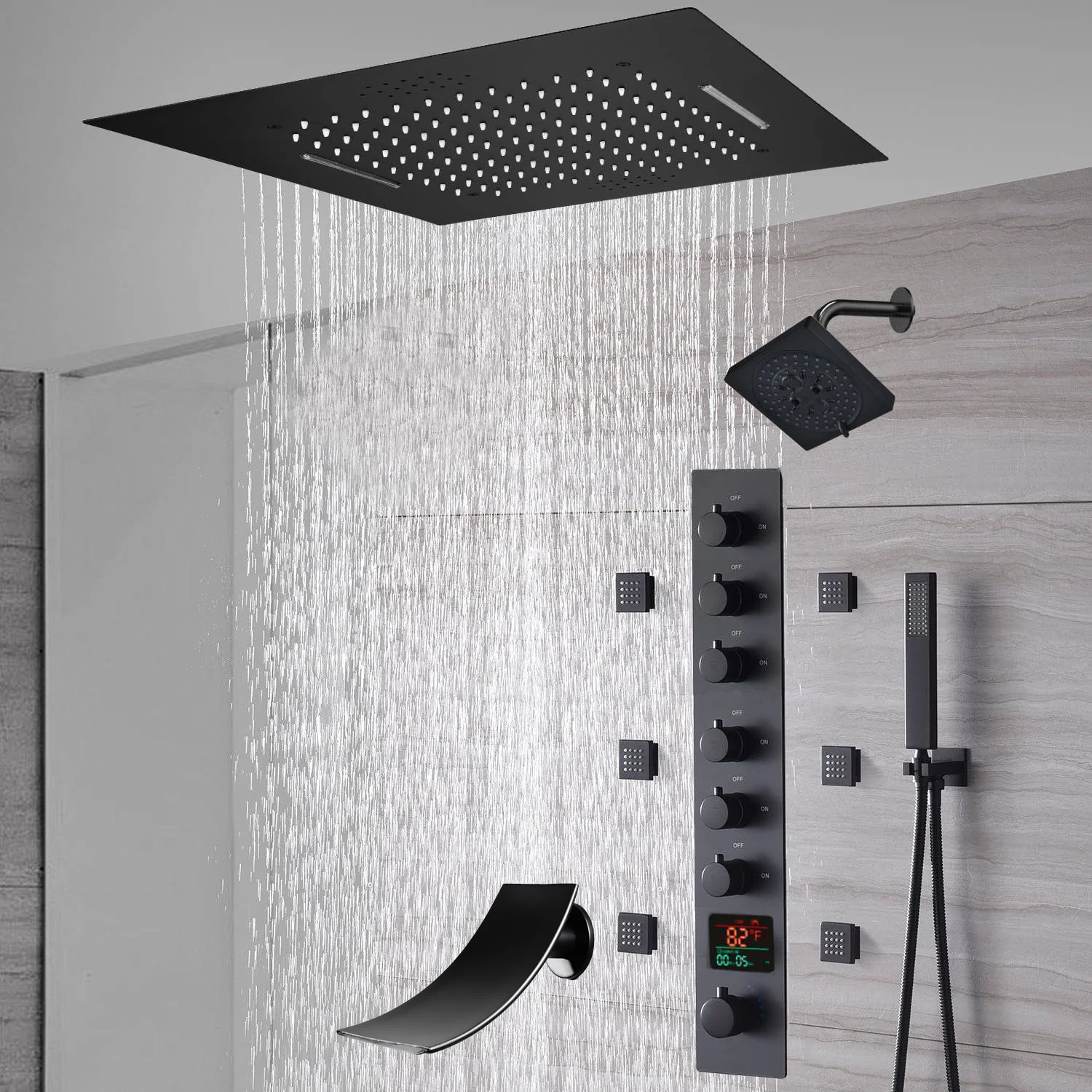 20-Inch or 24-Inch Matte Black Flush Mount Rainfall Waterfall Shower System: Complete with 6-Way Thermostatic Valve and 6 Body Jets and Regular Head and Tub Spout - Image 8