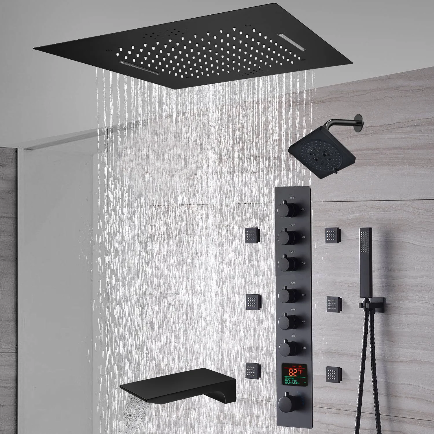 20-Inch or 24-Inch Matte Black Flush Mount Rainfall Waterfall Shower System: Complete with 6-Way Thermostatic Valve and 6 Body Jets and Regular Head and Tub Spout - Image 9