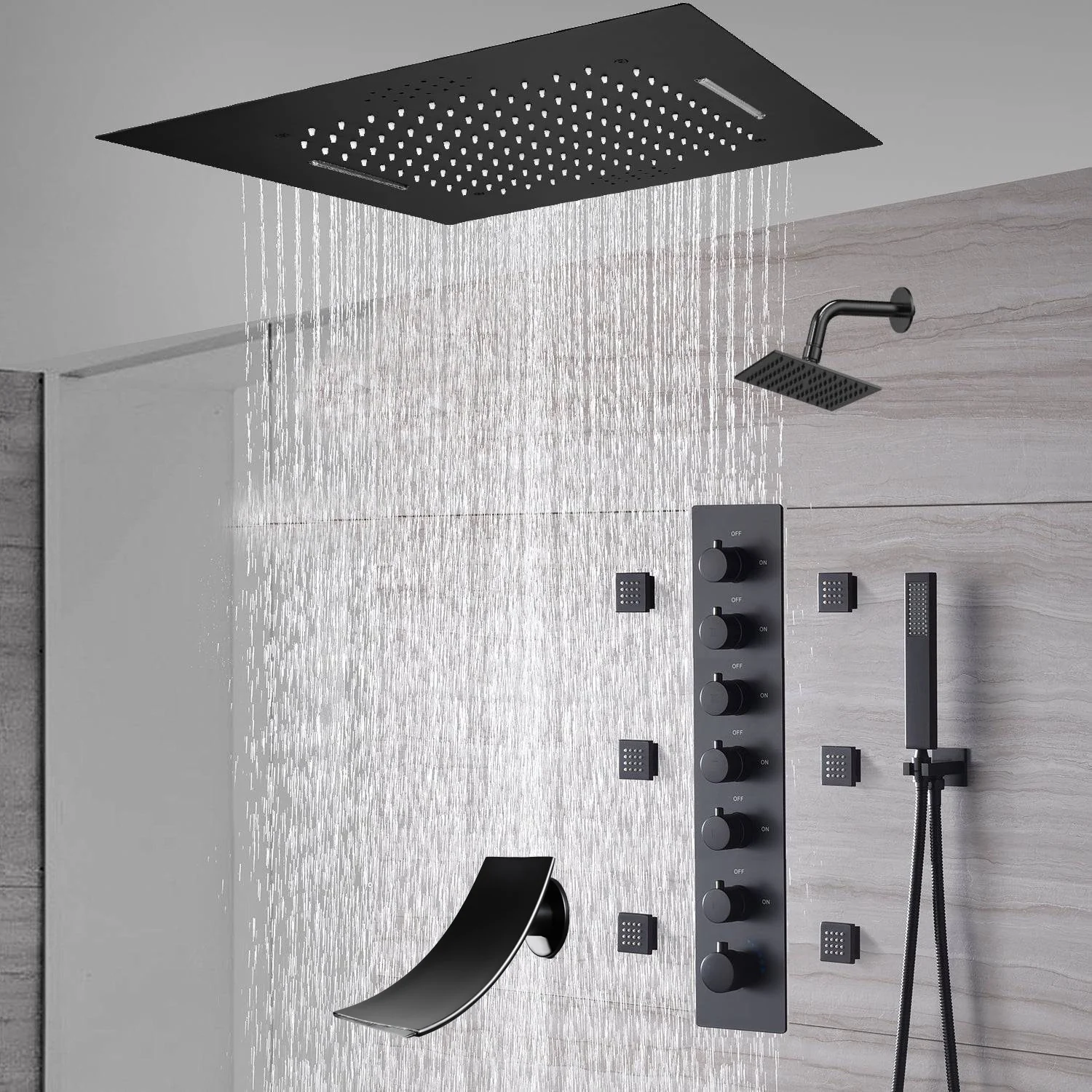 20-Inch or 24-Inch Matte Black Flush Mount Rainfall Waterfall Shower System: Complete with 6-Way Thermostatic Valve and 6 Body Jets and  Regular Head and Tub Spout - Image 10