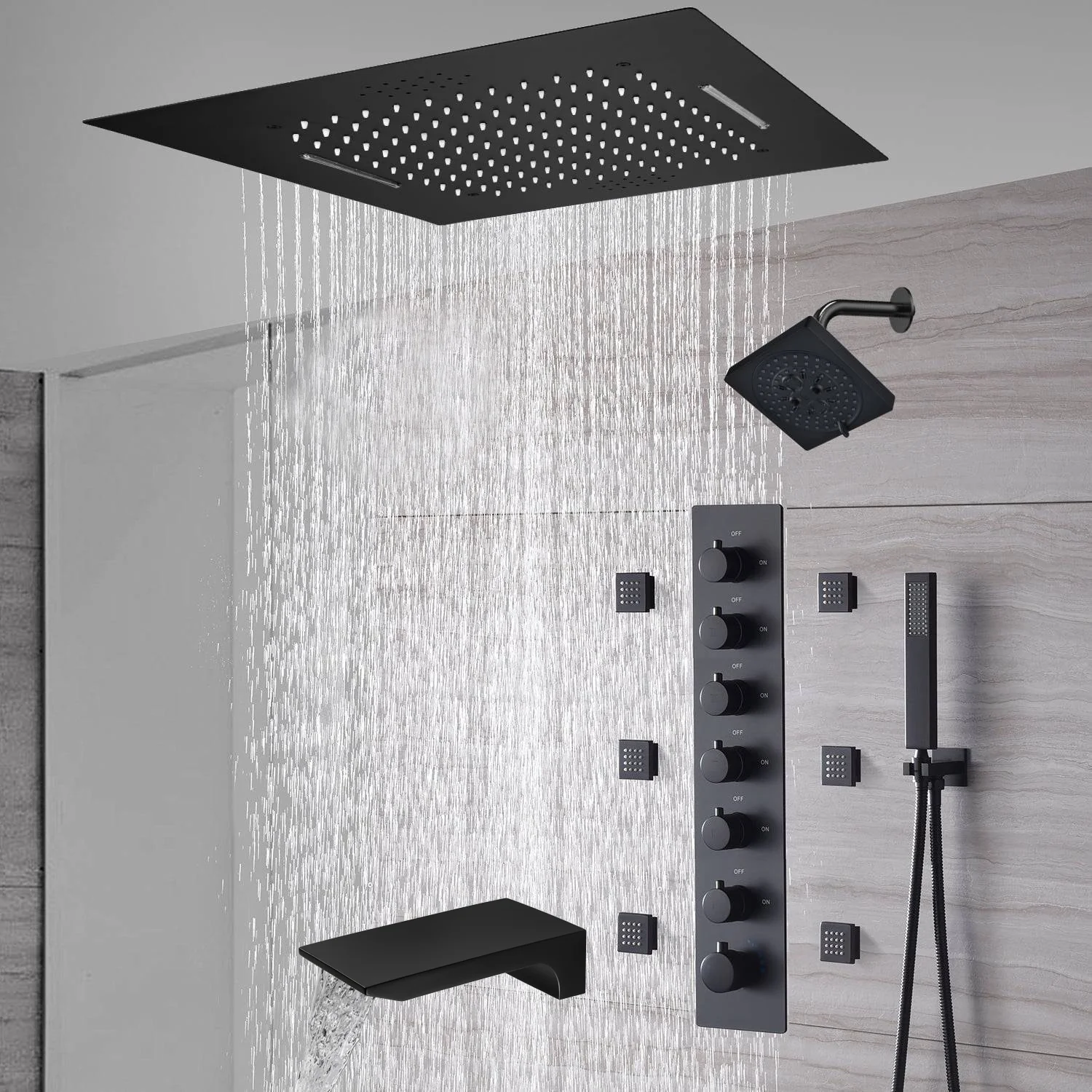 20-Inch or 24-Inch Matte Black Flush Mount Rainfall Waterfall Shower System: Complete with 6-Way Thermostatic Valve and 6 Body Jets and  Regular Head and Tub Spout - Image 11