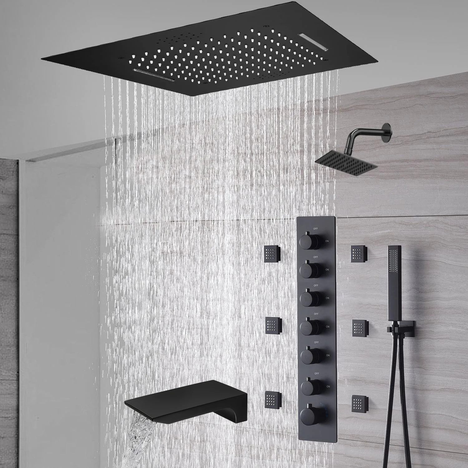 20-Inch or 24-Inch Matte Black Flush Mount Rainfall Waterfall Shower System: Complete with 6-Way Thermostatic Valve and 6 Body Jets and  Regular Head and Tub Spout - Image 12