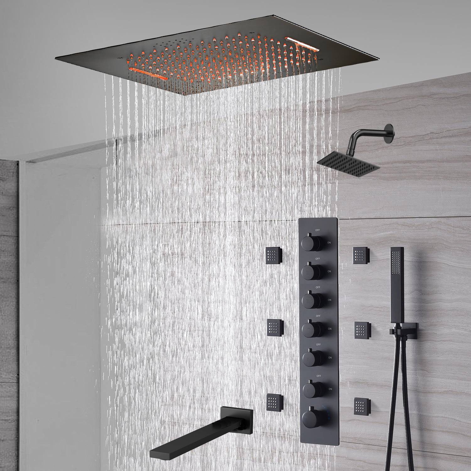 20-Inch or 24-Inch Matte Black Flush Mount Rainfall Waterfall Shower System: Complete with 6-Way Thermostatic Valve and 6 Body Jets and  Regular Head and Tub Spout - Image 2