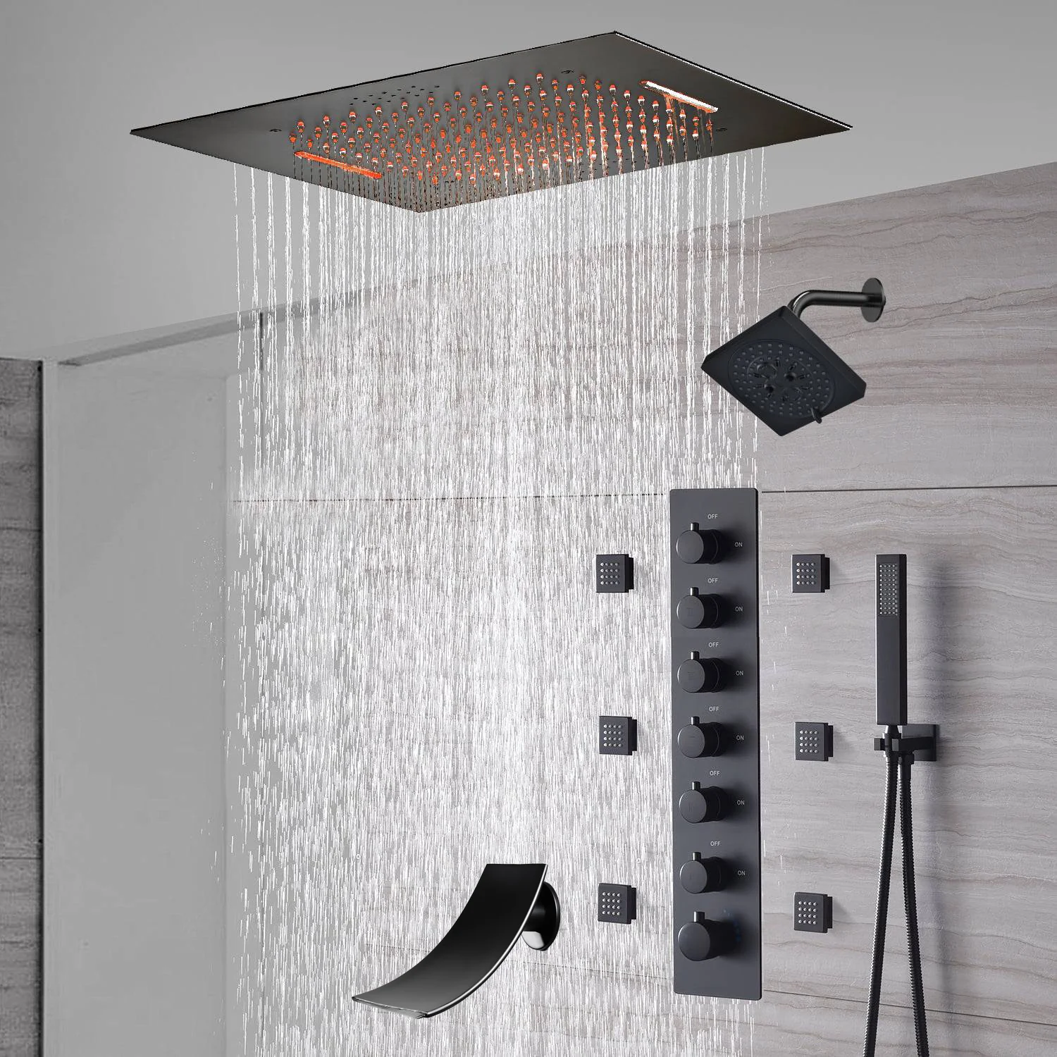20-Inch or 24-Inch Matte Black Flush Mount Rainfall Waterfall Shower System: Complete with 6-Way Thermostatic Valve and 6 Body Jets and  Regular Head and Tub Spout - Image 3