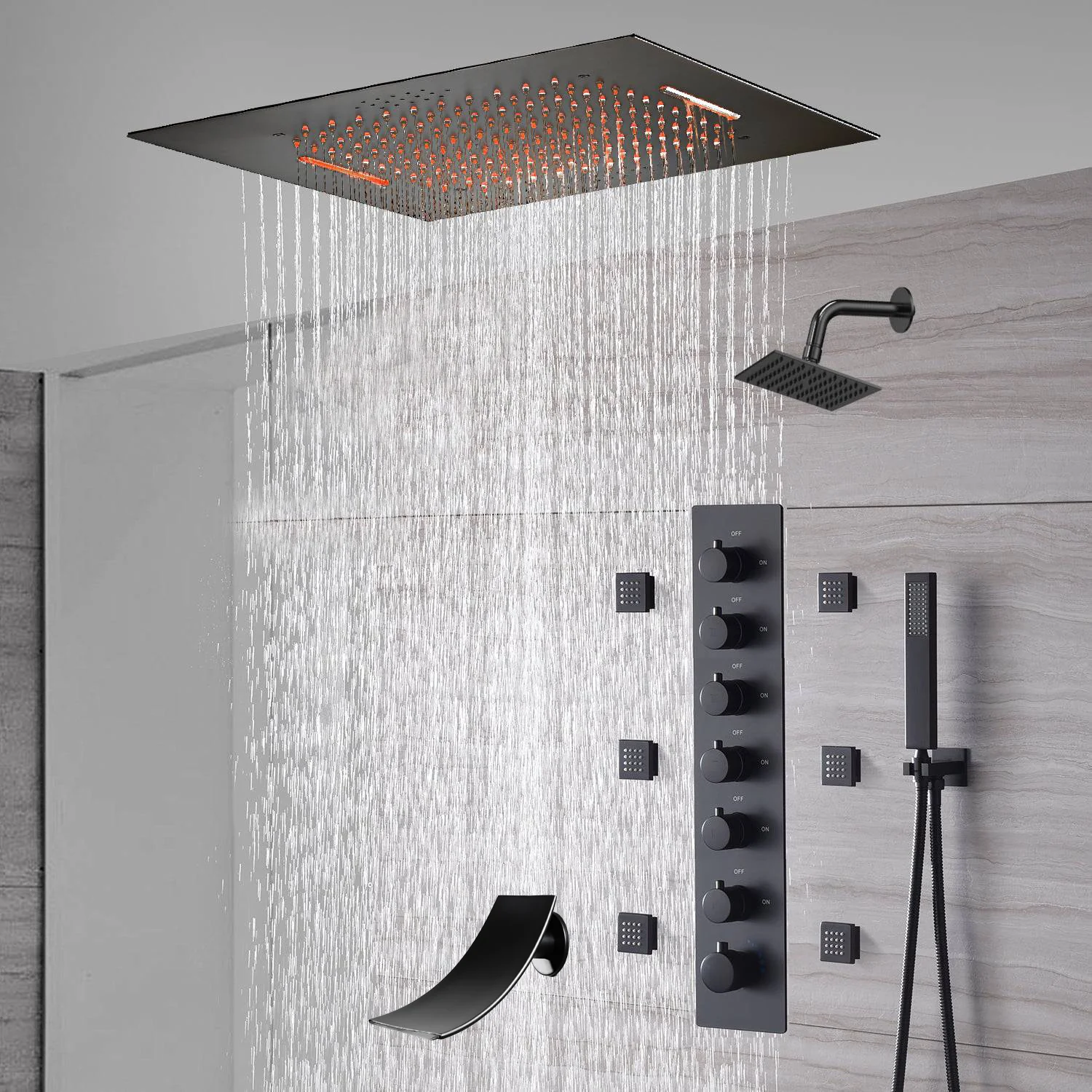 20-Inch or 24-Inch Matte Black Flush Mount Rainfall Waterfall Shower System: Complete with 6-Way Thermostatic Valve and 6 Body Jets and  Regular Head and Tub Spout - Image 4
