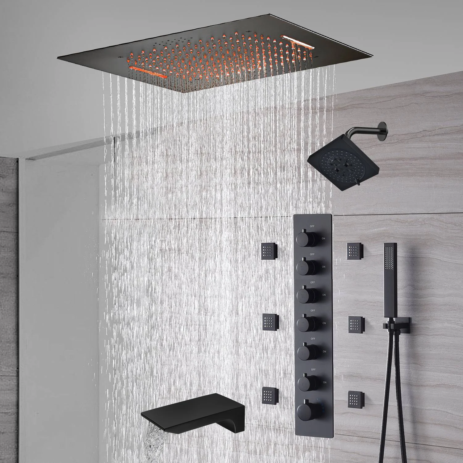 20-Inch or 24-Inch Matte Black Flush Mount Rainfall Waterfall Shower System: Complete with 6-Way Thermostatic Valve and 6 Body Jets and  Regular Head and Tub Spout - Image 5