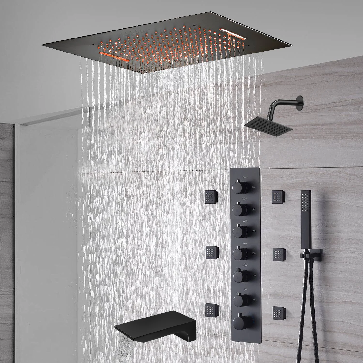 20-Inch or 24-Inch Matte Black Flush Mount Rainfall Waterfall Shower System: Complete with 6-Way Thermostatic Valve and 6 Body Jets and  Regular Head and Tub Spout - Image 6
