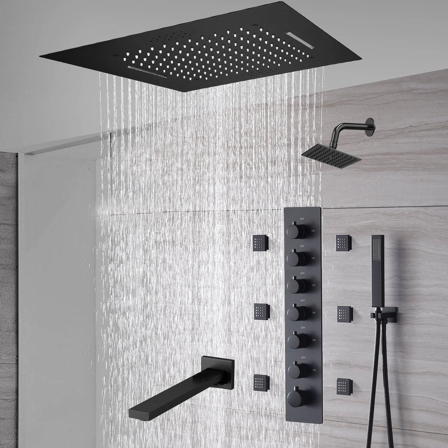 20-Inch or 24-Inch Matte Black Flush Mount Rainfall Waterfall Shower System: Complete with 6-Way Thermostatic Valve and 6 Body Jets and  Regular Head and Tub Spout - Image 7