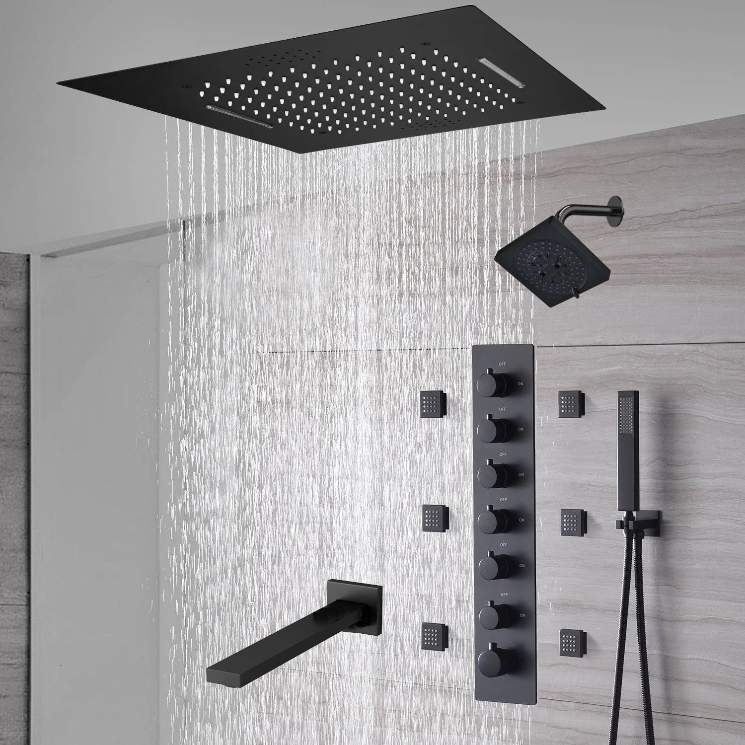 20-Inch or 24-Inch Matte Black Flush Mount Rainfall Waterfall Shower System: Complete with 6-Way Thermostatic Valve and 6 Body Jets and  Regular Head and Tub Spout - Image 8