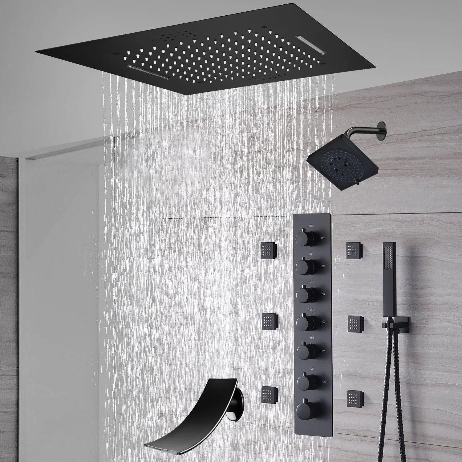 20-Inch or 24-Inch Matte Black Flush Mount Rainfall Waterfall Shower System: Complete with 6-Way Thermostatic Valve and 6 Body Jets and  Regular Head and Tub Spout - Image 9