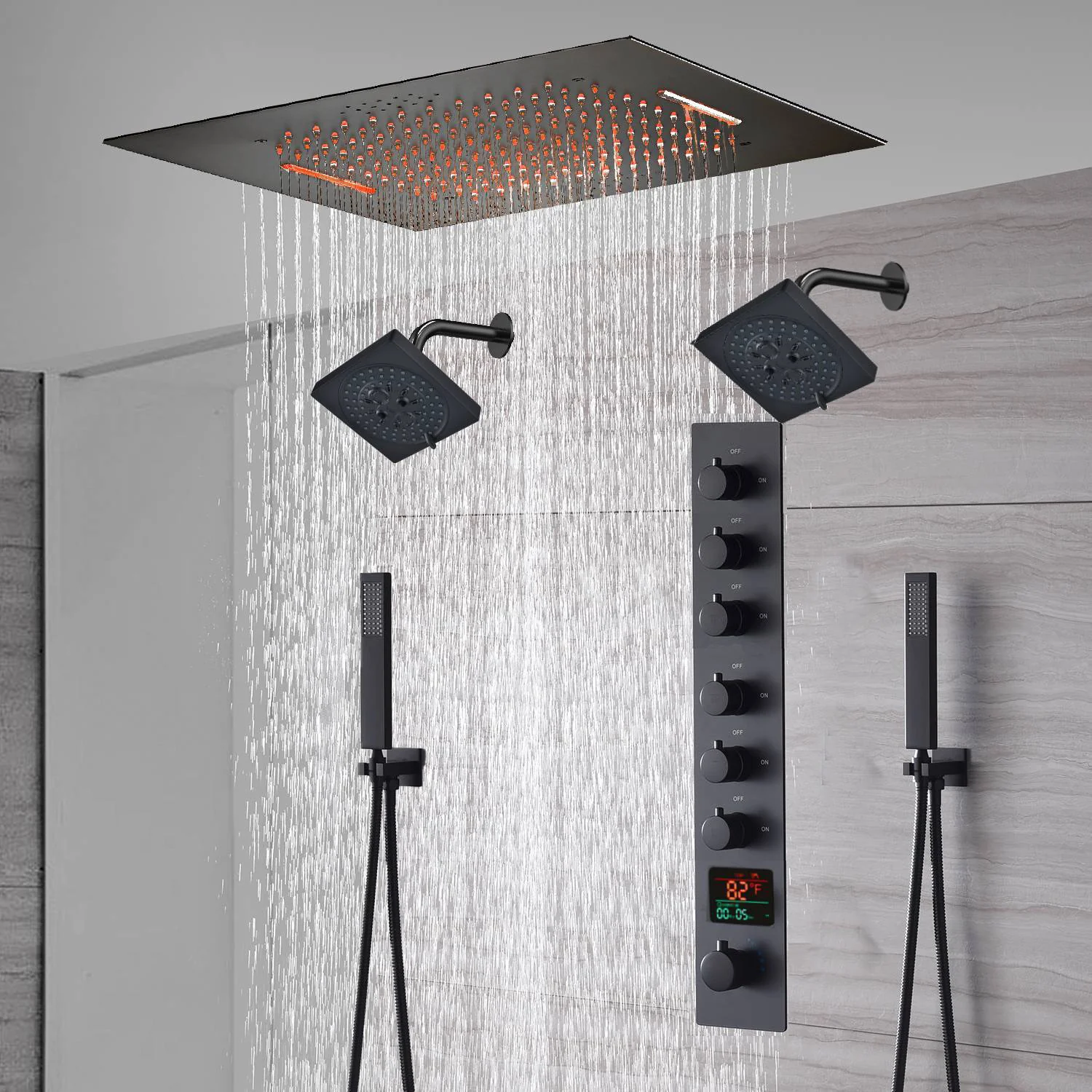 20-Inch or 24-Inch Matte Black Flush or Ceiling Mount Rainfall Waterfall Shower System: Complete with 6-Way Thermostatic Valve and Dual Regular Head - Image 10